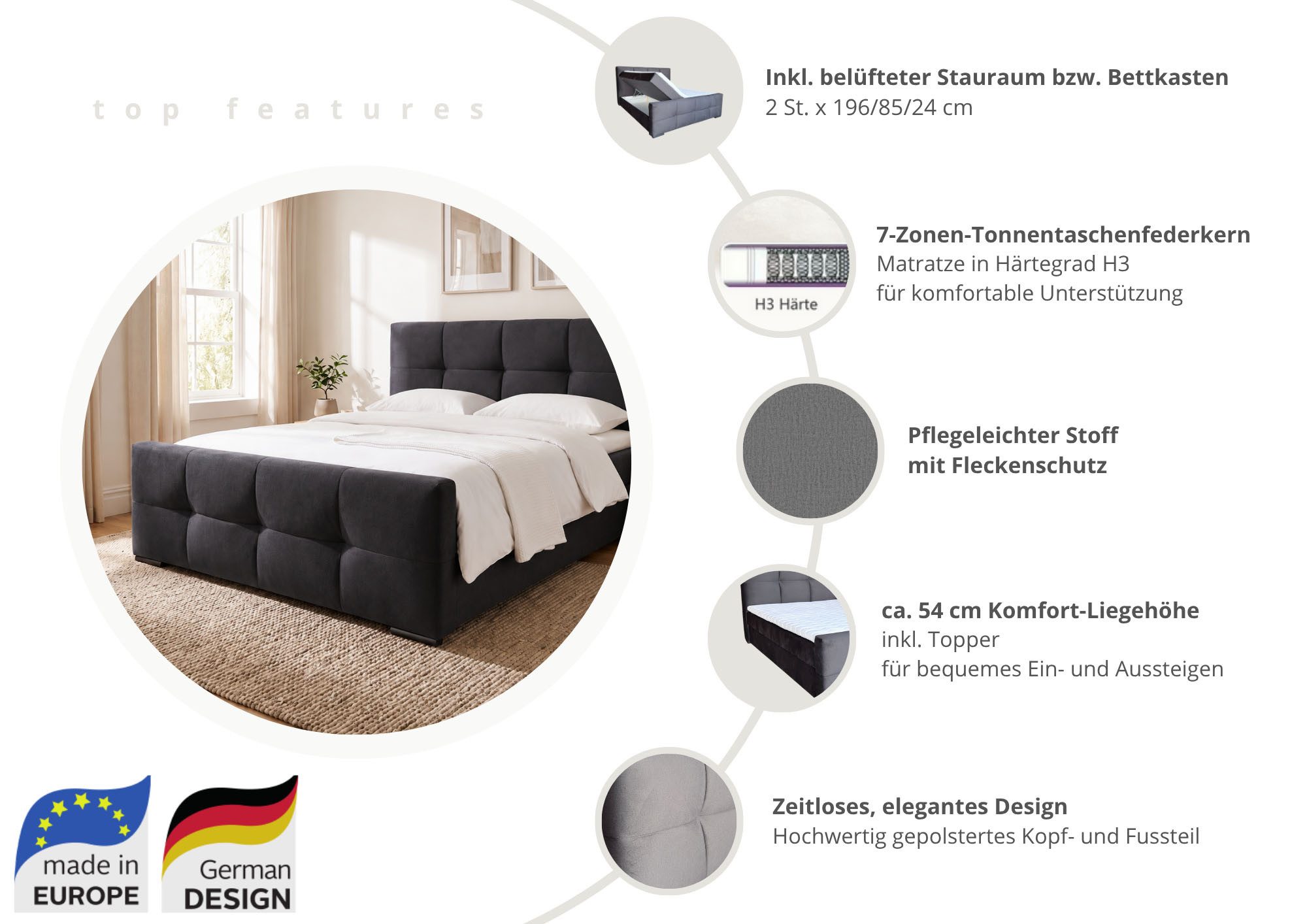 OTTO home Boxbett FIETTE, Polsterbett mit Bettkasten, inkl. Taschenfederkernmatratze H3, inkl. Kaltschaumtopper, Luxus-Mircofaser-Bezug, Liegefläche 180x200 cm – Bild 5 von 5