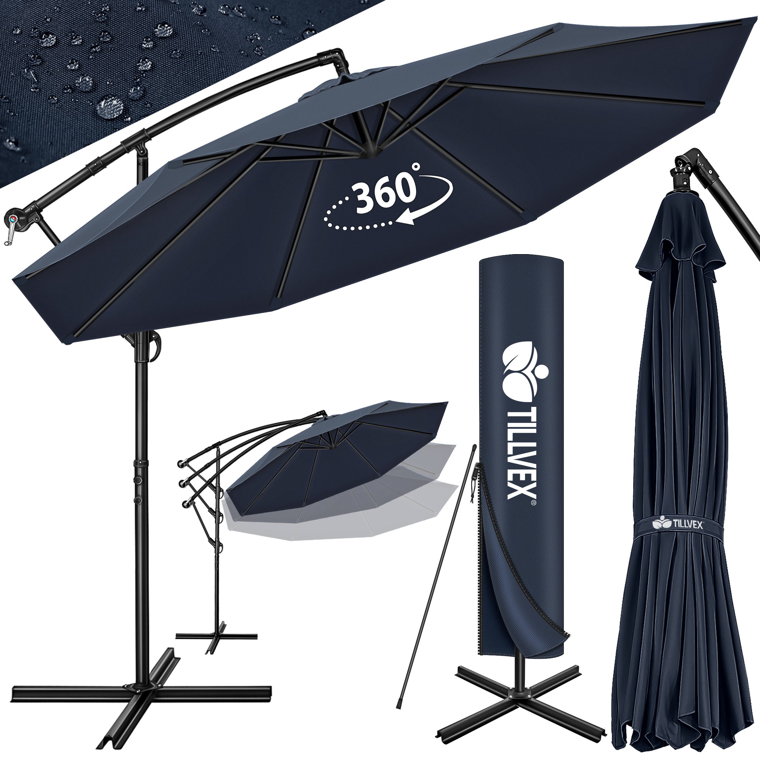 tillvex Sonnenschirm tillvex Sonnenschirm Ø 300 - 350 cm Ampelschirm Gartenschirm Marktschi, Alu Sonnenschirm + Abdeckung Ø 350 cm mit Kurbel, Gartenschirm UV-Schutz Aluminium, Kurbelschirm Marktschirm wasserdicht 360° drehbar