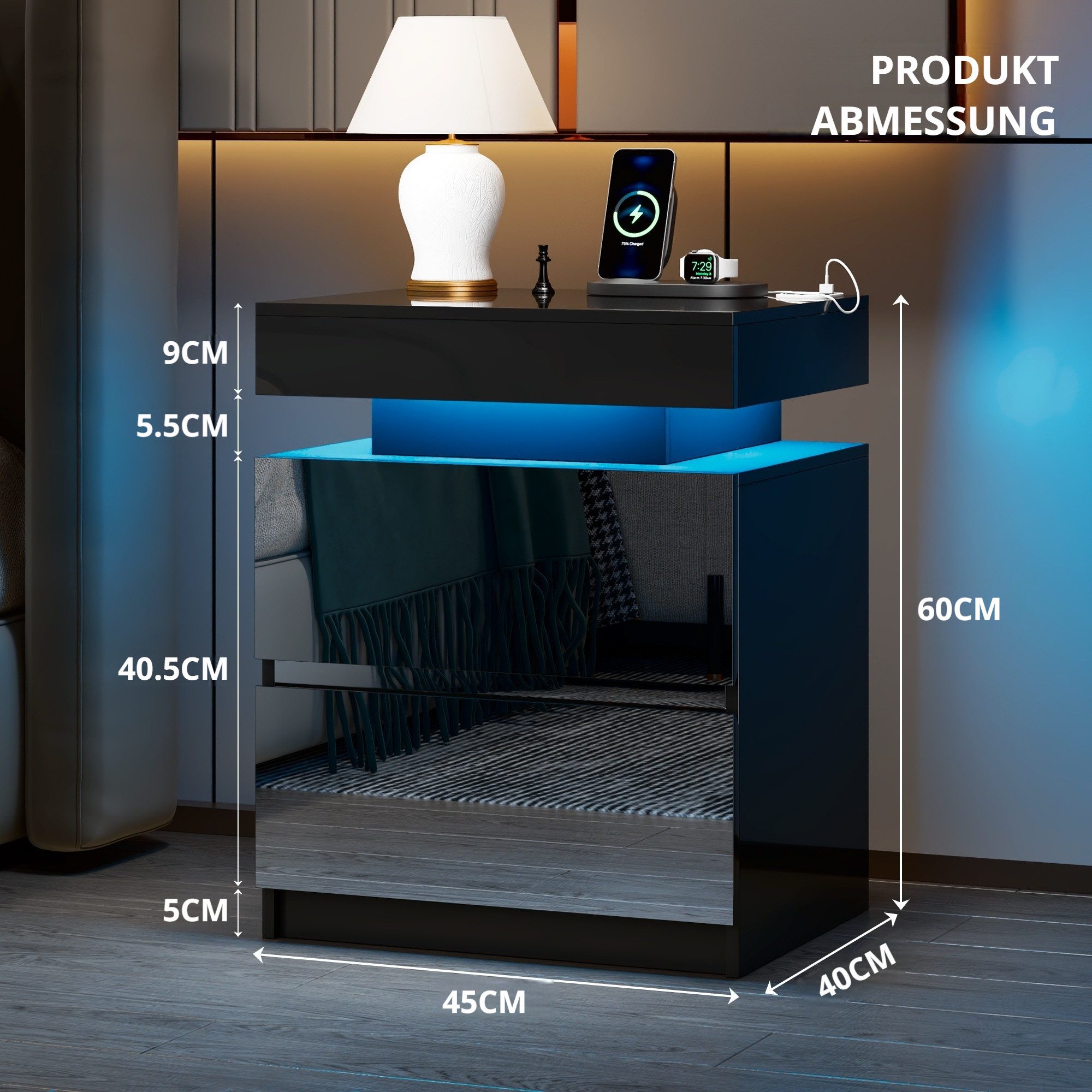 LVSOMT Nachttisch Moderner LED Nachttische mit Geheimfach, Ladefunktion, Sensorlicht (1-St), mit USB-C Laden, Smart LED Lichtfarben, Schubladen mit Spiegel – Bild 4 von 5