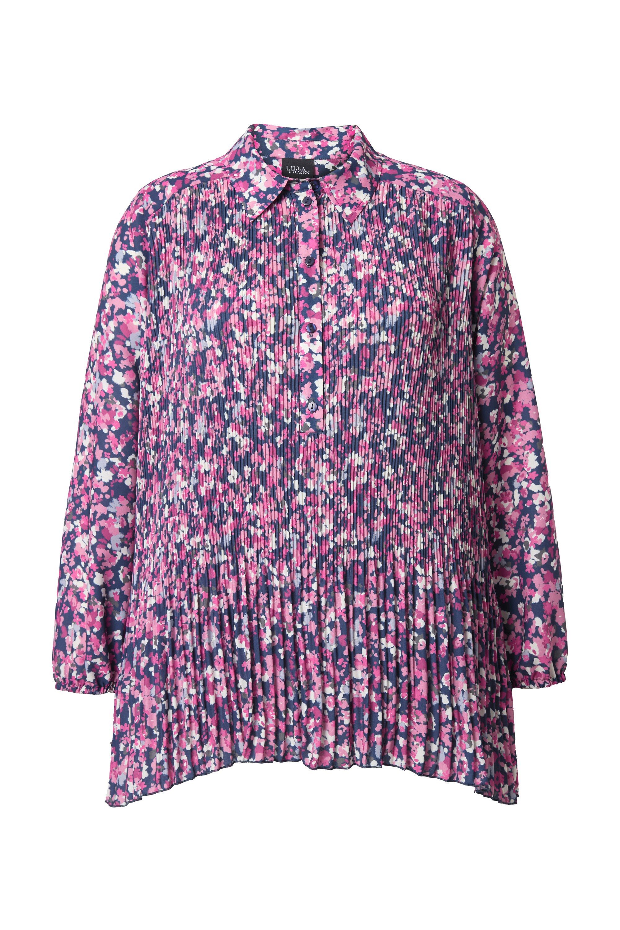 Longbluse Plissee-Bluse Blüten A-Linie Hemdkragen Langarm