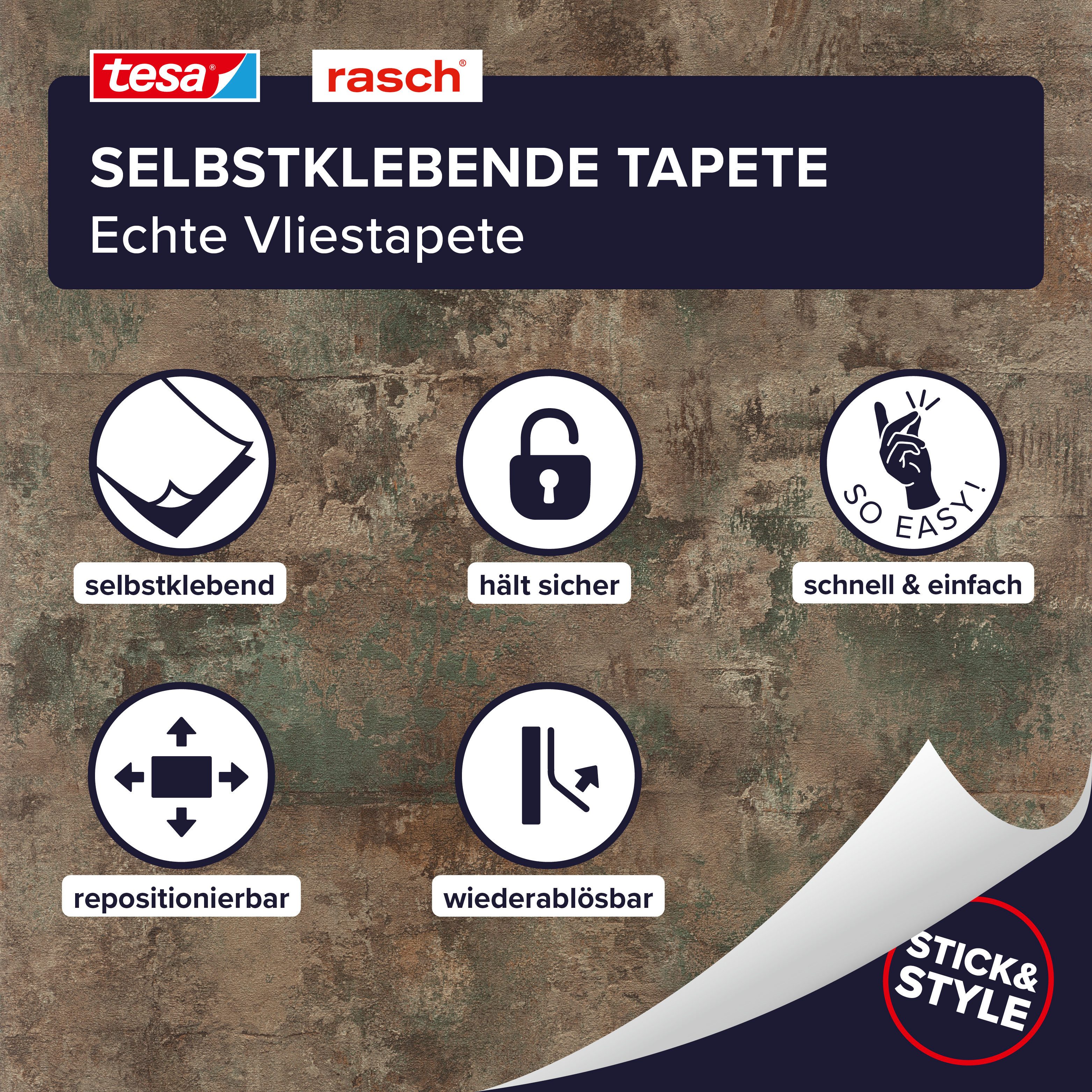 Rasch Vliestapete Atlas - Selbstklebende Tapete Beton von tesa® x rasch®, strukturiert, urban, Betonoptik, Industrial, used, (1 Rolle, 1 St), selbstklebend, 6,00m x 0,53m