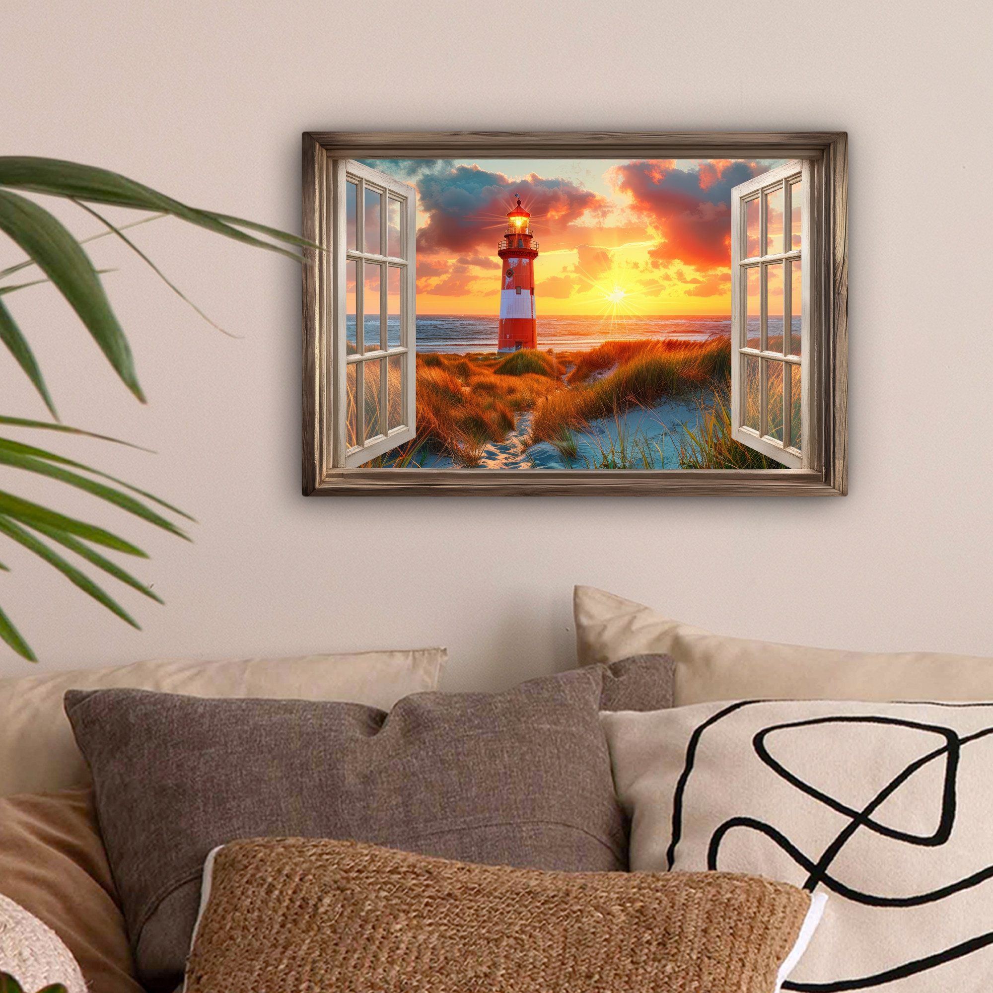 OneMillionCanvasses® Leinwandbild Aussicht - Fenster - Leuchtturm - Sonnenu günstig online kaufen