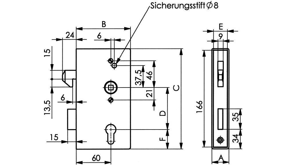 A30xB94xC172 140S DIN links Maß rechts Türbeschlag / 60 Dornmaß mm Schiebetorschlosskasten mm AMF