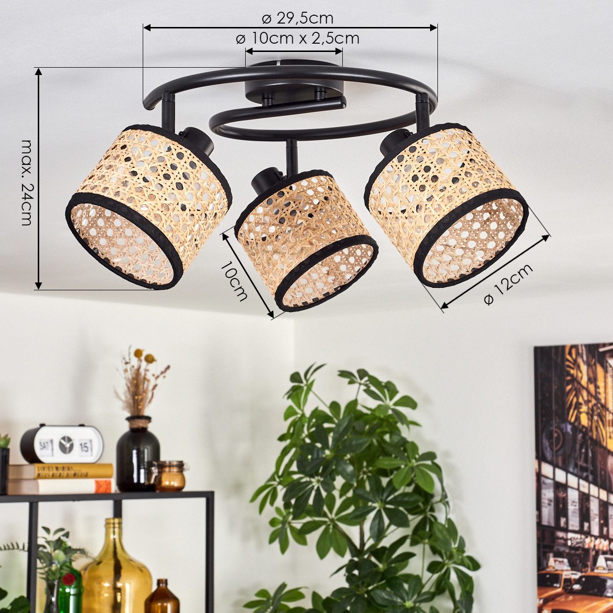 hofstein Deckenleuchte moderne Deckenlampe aus Metall/Rattan/Wiener Geflecht in Schwarz/Natur, ohne Leuchtmittel, mit verstellbaren Strahlern, runde Leuchte, 3  – Bild 4 von 5