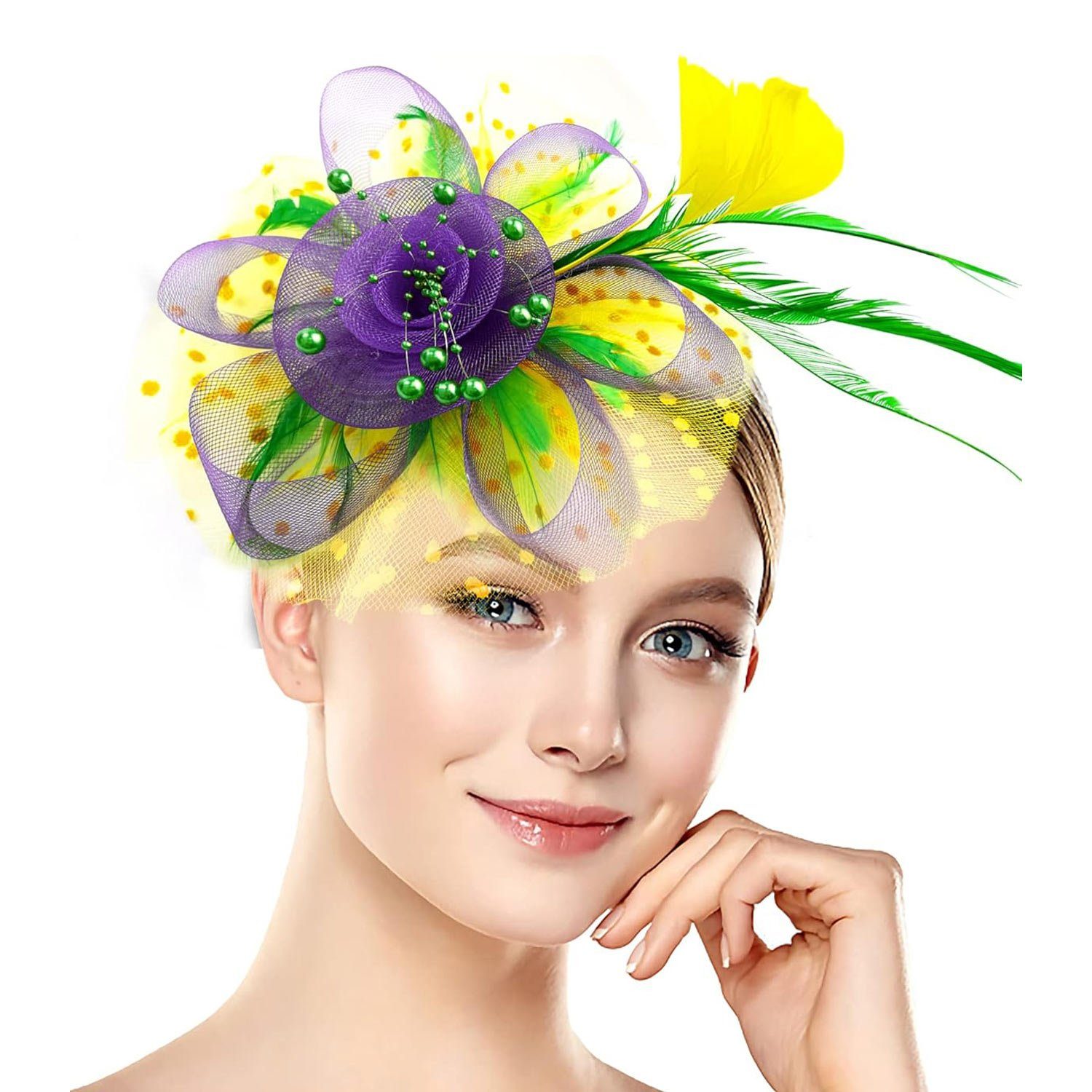 MAGICSHE Haarspange Halloween Kopfschmuck Charming Hut mit Federn, Karneval Cocktail Hut Hochzeit Gelb+Grün+Lila