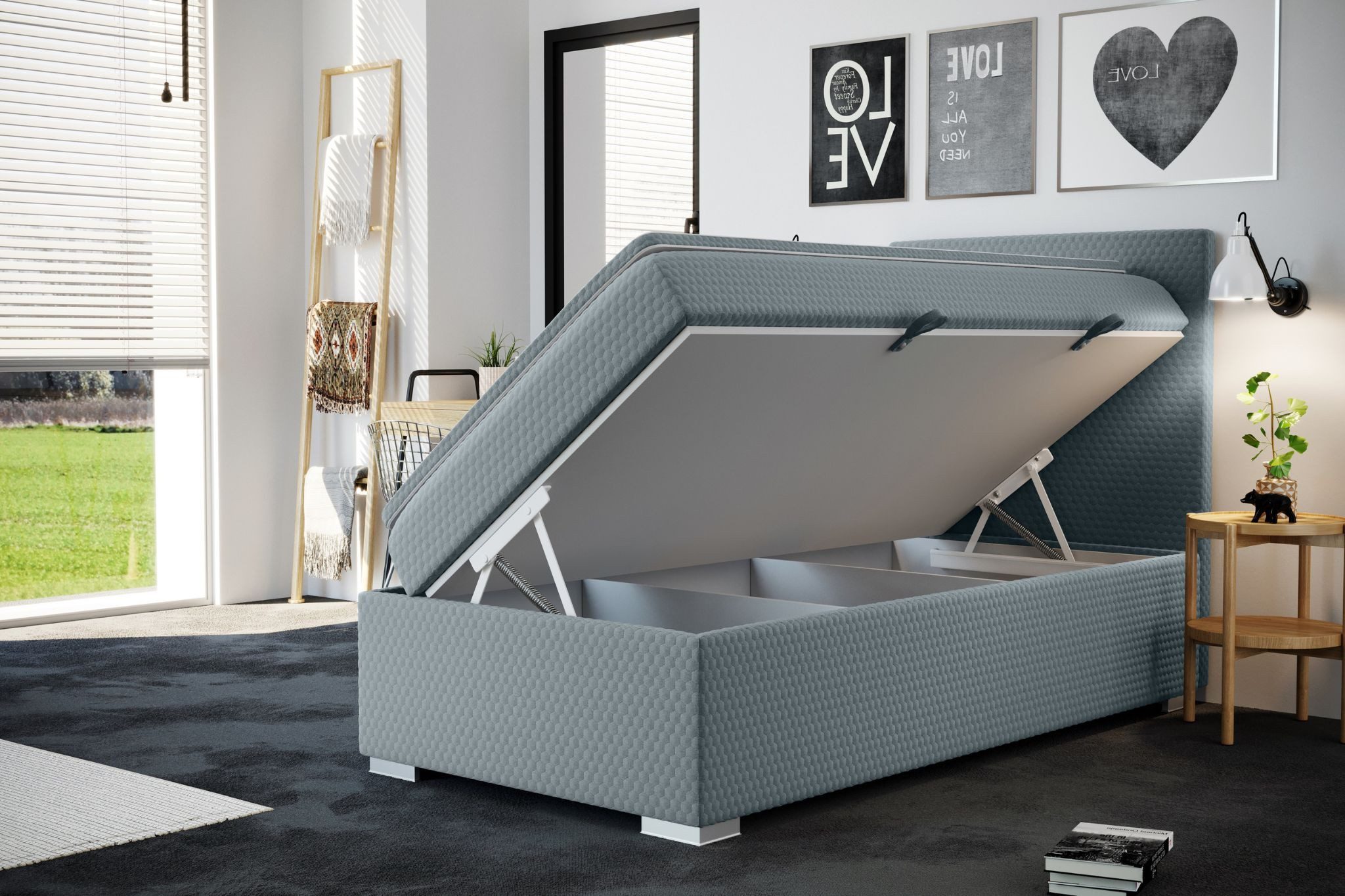 Kaiser Möbel Kinderbett Boxspringbett mit bettkasten matratze topper ICON (Komplettset (Bett + Matratze + Topper), Kinderbett mit Matratze und Topper, Komplettset), Gepolsterte Seiten mit Rundungen,3D-geprägter Bezug (SAWANA)
