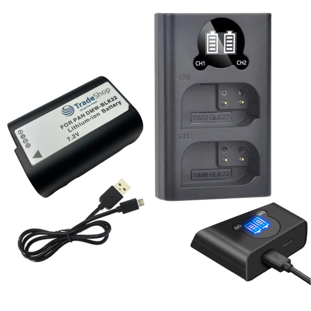Trade-Shop 2in1 Set passend für Panasonic DMW-BLK22 DMW-BLK22E GH5 Ladegerät + Kamera-Akku Li-Ion 2400 mAh (7,2 V), Mit USB Ladekabel