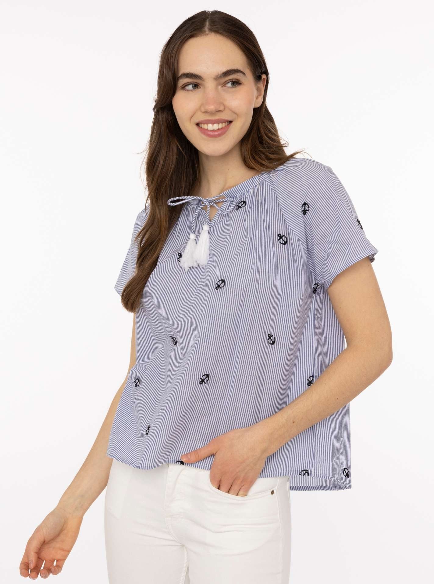 Zwillingsherz Kurzarmbluse "Stripe & Stitch" Kurzarm, mit Stickerei, Tunnelzug und Tasseln