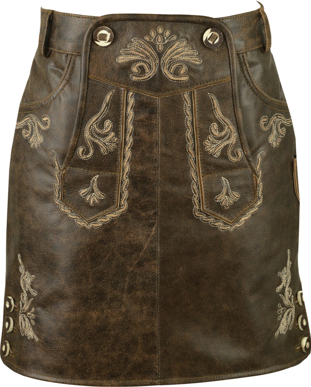 Fuente Leather Wears Lederrock Trachtenrock Mädchen kurz, Nappa-Leder, antik braun Latz Urige Hirschhorn-Optik
