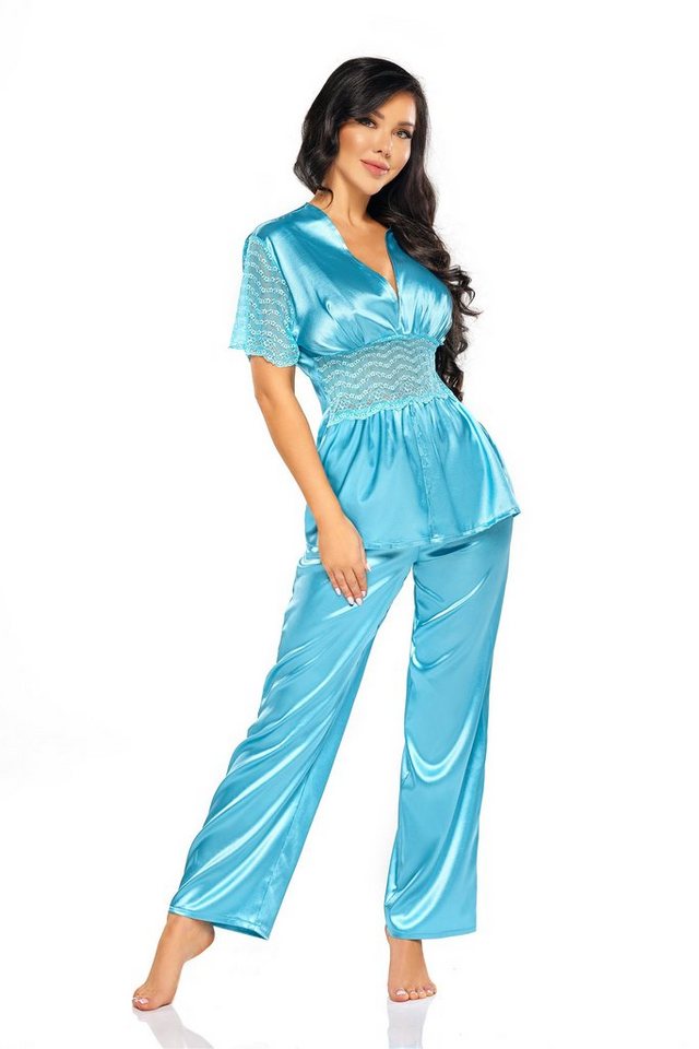 Beauty Night Fashion Negligé Pyjama-Set Missy türkis aus Satin Top mit  kurzen (2-tlg), Pyjama-Set