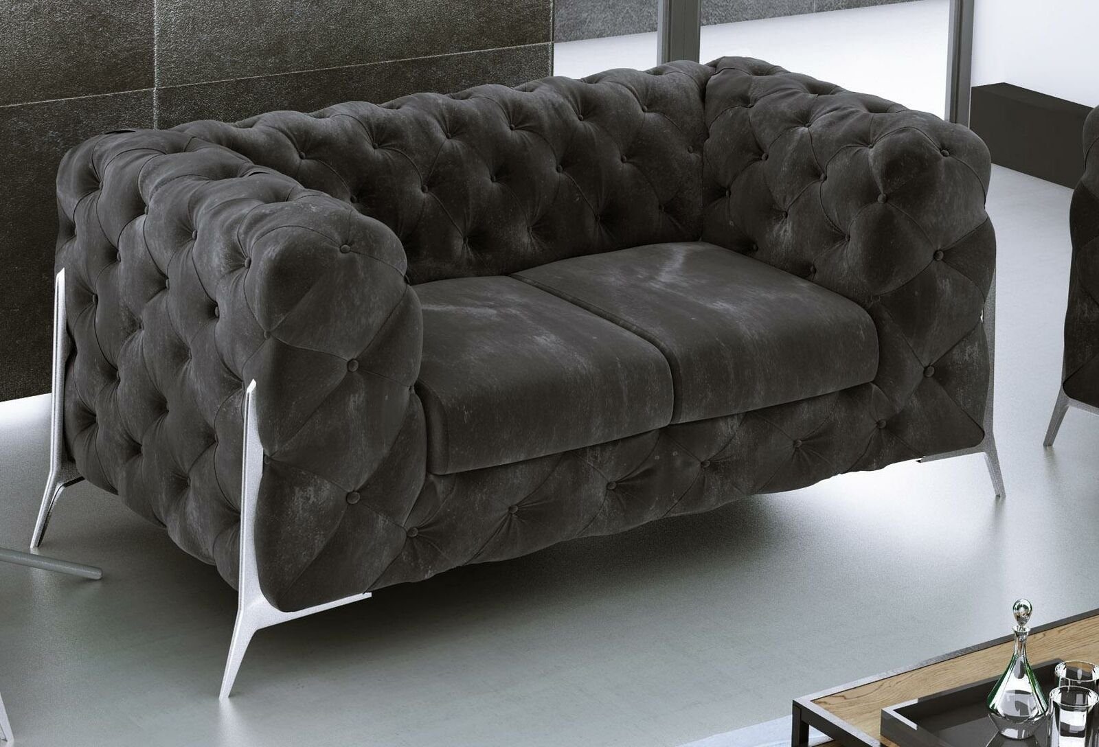 Sofa Textil Sofa, Sitz Stoff Schwarz JVmoebel Sitzer Couch Chesterfield Grüße in 2 Europe Polster Made