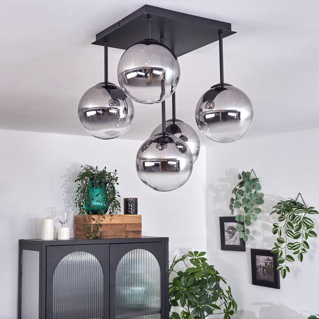 hofstein Deckenleuchte Deckenlampe aus Metall/Glas in Schwarz/Rauchfarben/Klar, ohne Leuchtmittel, Leuchte im Retro-Design aus Glas, 5 x G9 LED, ohne Leuchtmittel