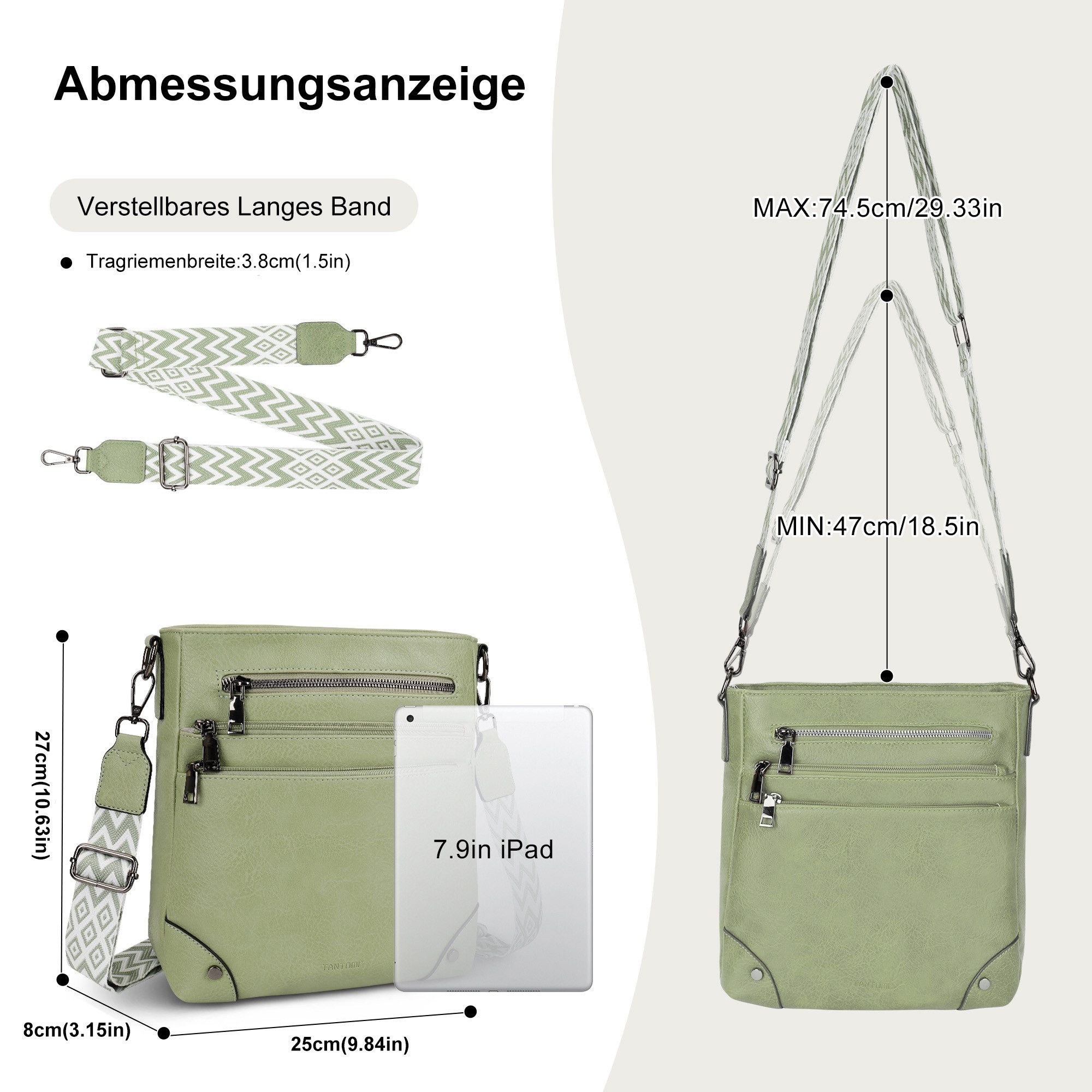 TAN.TOMI Umhängetasche Damen Mittelgroß Schultertasche Mehrere Taschen Crossbody Bag, Mit Verstellbarem Gurt für Schule Arbeit Reisen Ausflug Einkauf