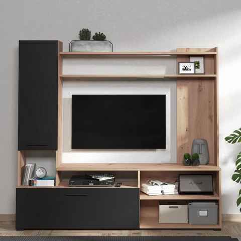 Homestyle4u Wohnwand Schrankwand Anbauwand TV Wand Holz Eiche Schwarz, (1-St)