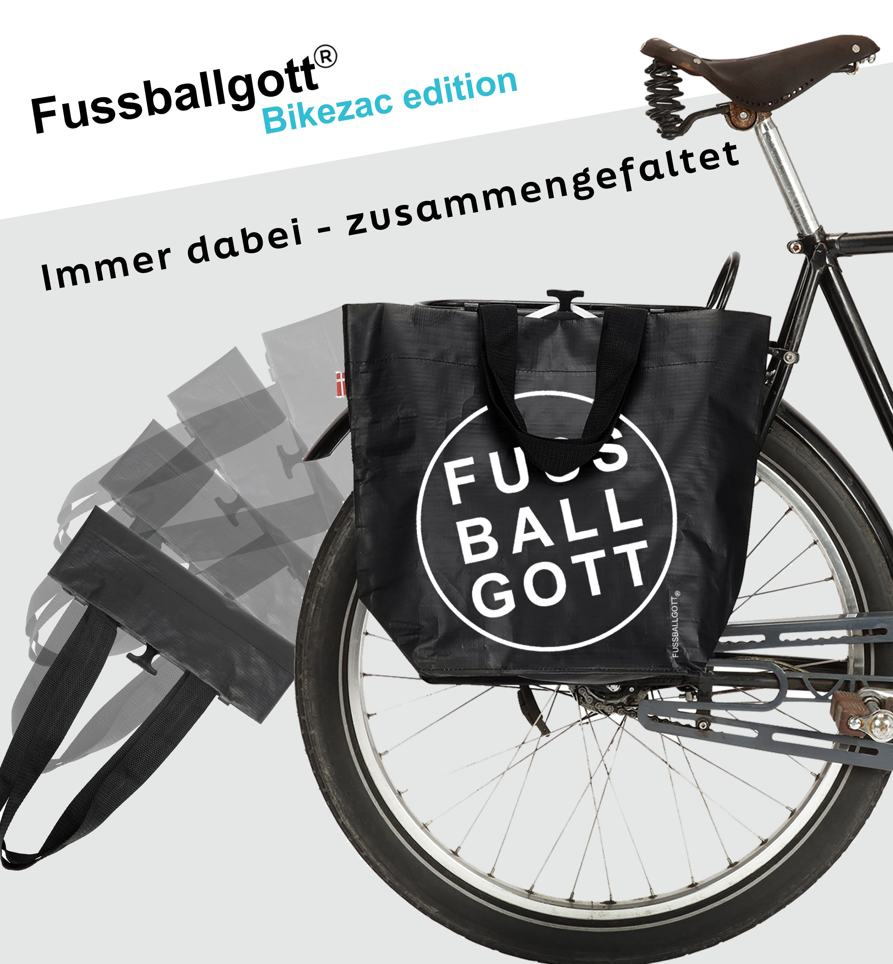 BIKEZAC Shopper FUSSBALLGOTT Shopper Simply Black Clip-On Tasche für Fußballfans (Urbaner Fanartikel fürs Fahrrad – nachhaltig, stylisch & sofort einsatzbereit, Fahrradeinkaufstasche wasserdicht Gepäckträger Einkaufswagen)
