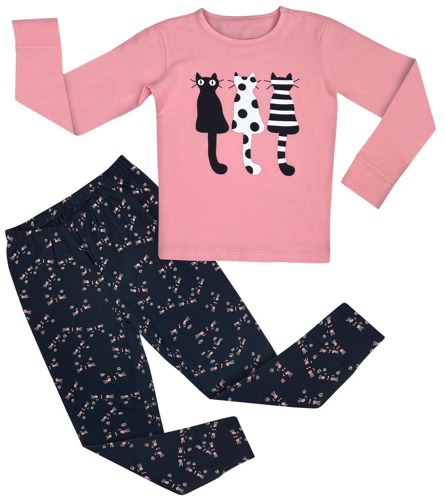 größter Versandhandel für Mode LOREZA Pyjama Mädchen Pyjama Set Schlafanzug Hausanzug Baumwolle Rosa (Set, 92-17 2 langarm tlg) Katze