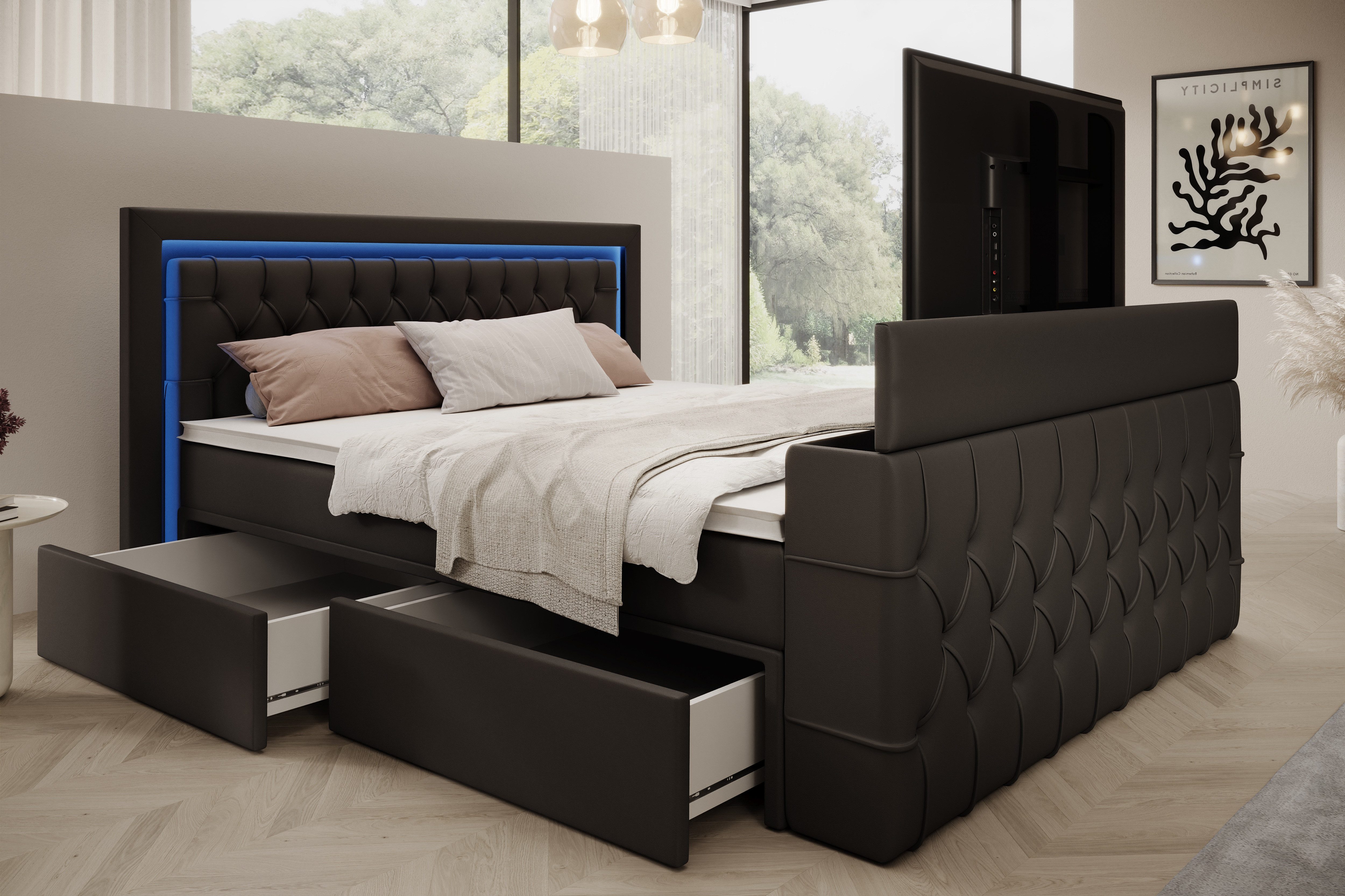 PROMETO Möbel Boxspringbett Doppelbett 180x200 mit Matratze, Schubladen TV-Lift LED Beleuchtung, inkl. 7-Zonen-Taschenfederkernmatratze, TV-Lift im Fußteil, Topper