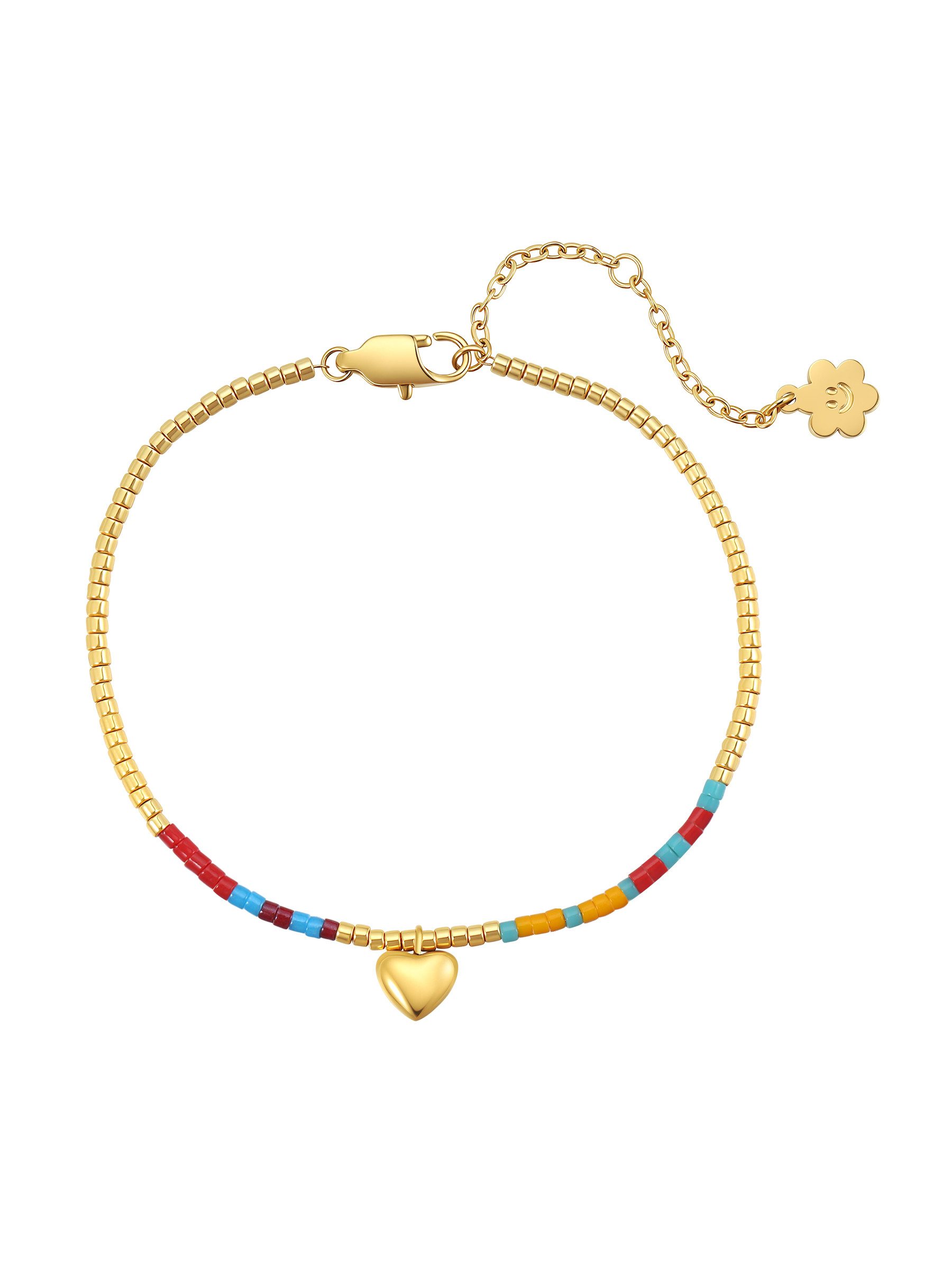 Hey Happiness Charm-Armband mit Herz, Buntes Perlenarmband, Wasserfestes Edelstahl Damen Boho Armband, für Sommer und Strand
