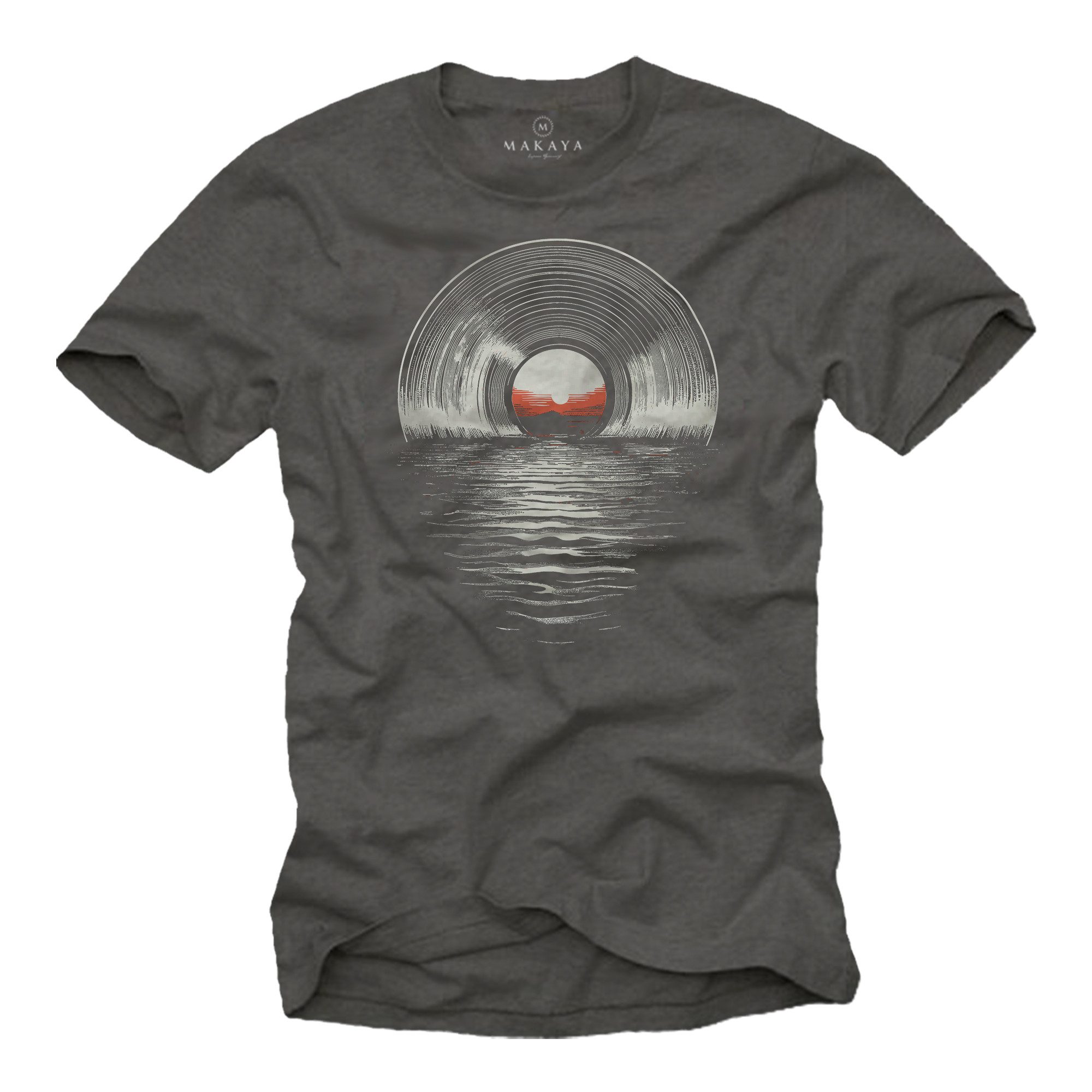 MAKAYA T-Shirt Vintage Herrenshirt für Musikliebhaber – mit Schallplatte Print (Schwarz, Blau, Grün, Blaugrau, Grau, S, M, L, XL, XXL, 3XL, 4XL, 5XL) Baumwolle