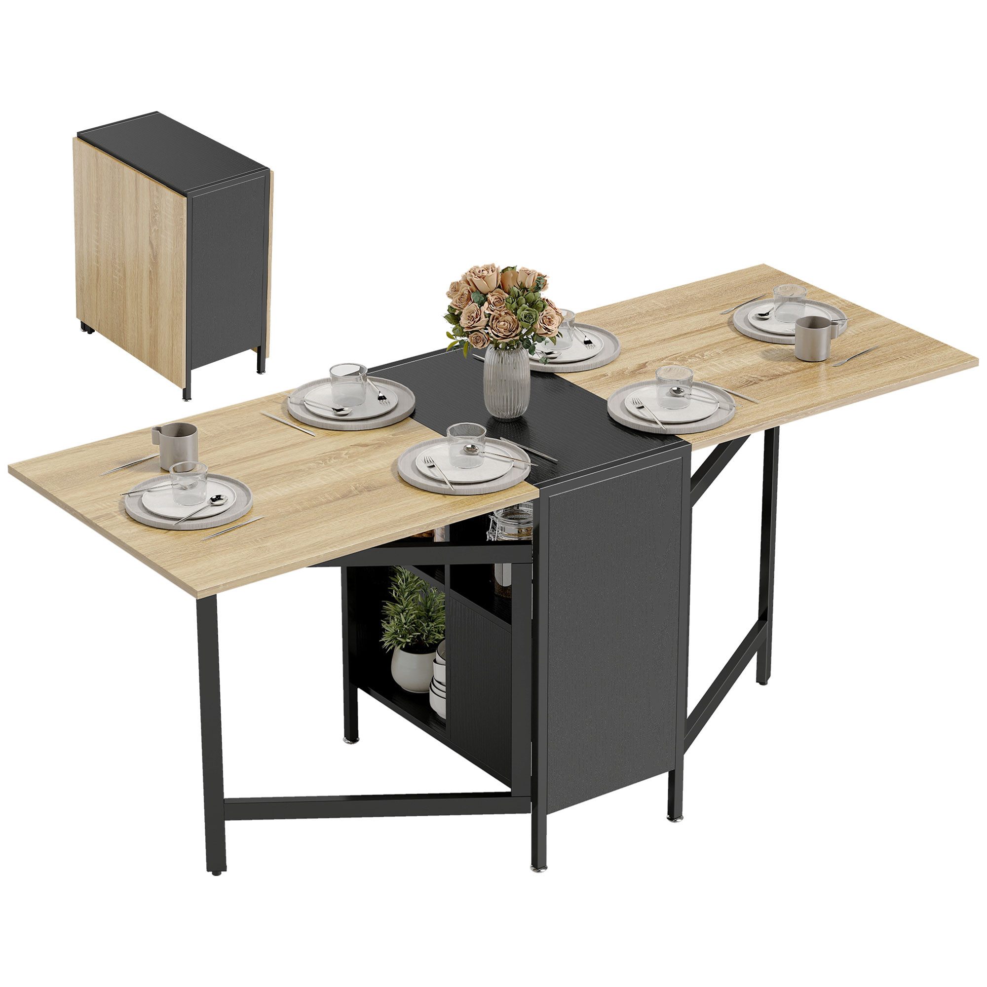HOMCOM Klapptisch Klappbar Küchentisch mit Offenen Ablage, platzsparend (Esszimmertisch, 1-St., Esstisch), Dunkelholzfarbe+Schwarz 169 x 60 x 75 cm – Bild 2 von 5