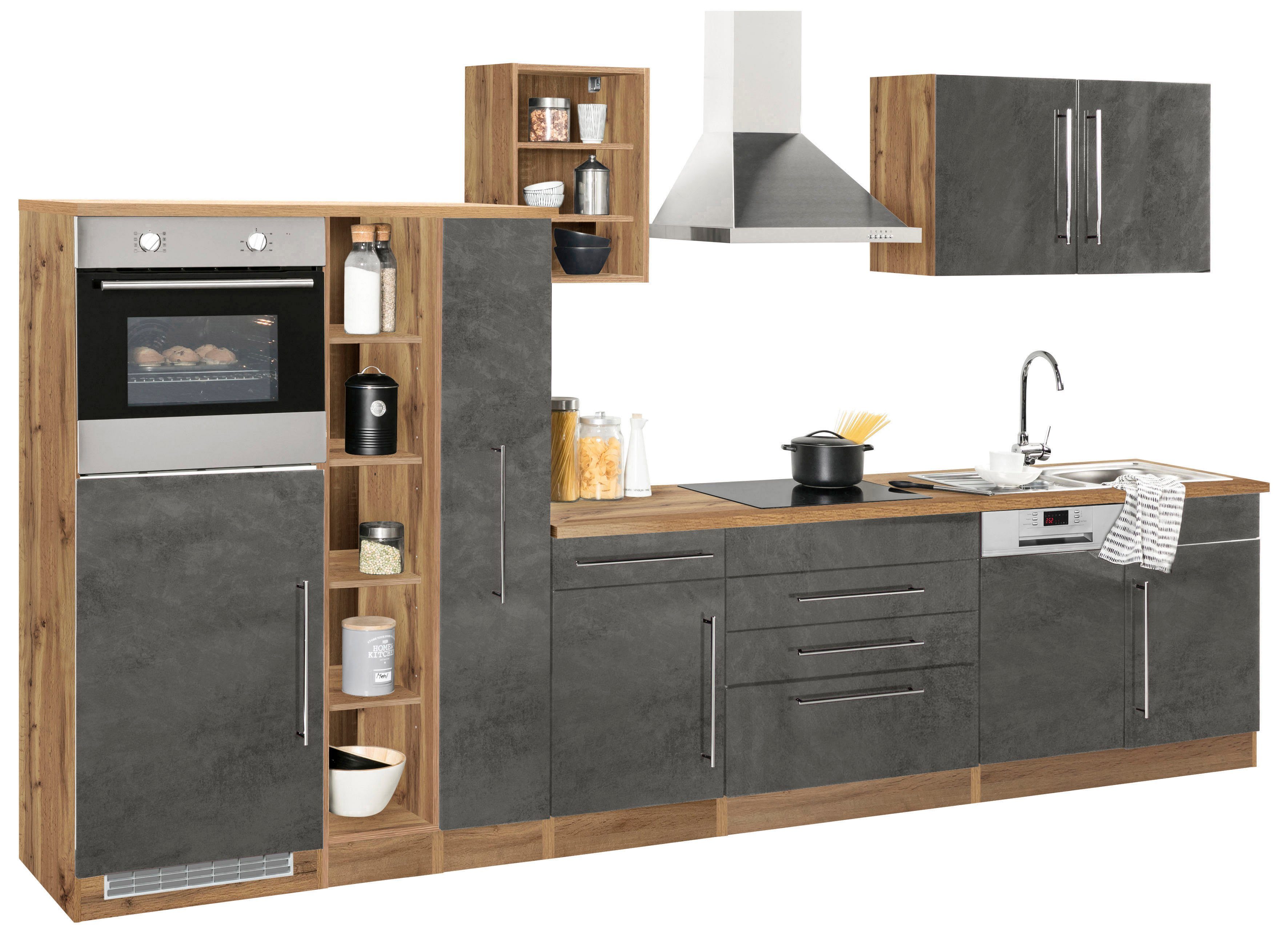 HELD MÖBEL Küchenzeile Samos, mit E-Geräten, Breite 350 cm mit Stangengriffen aus Metall grau