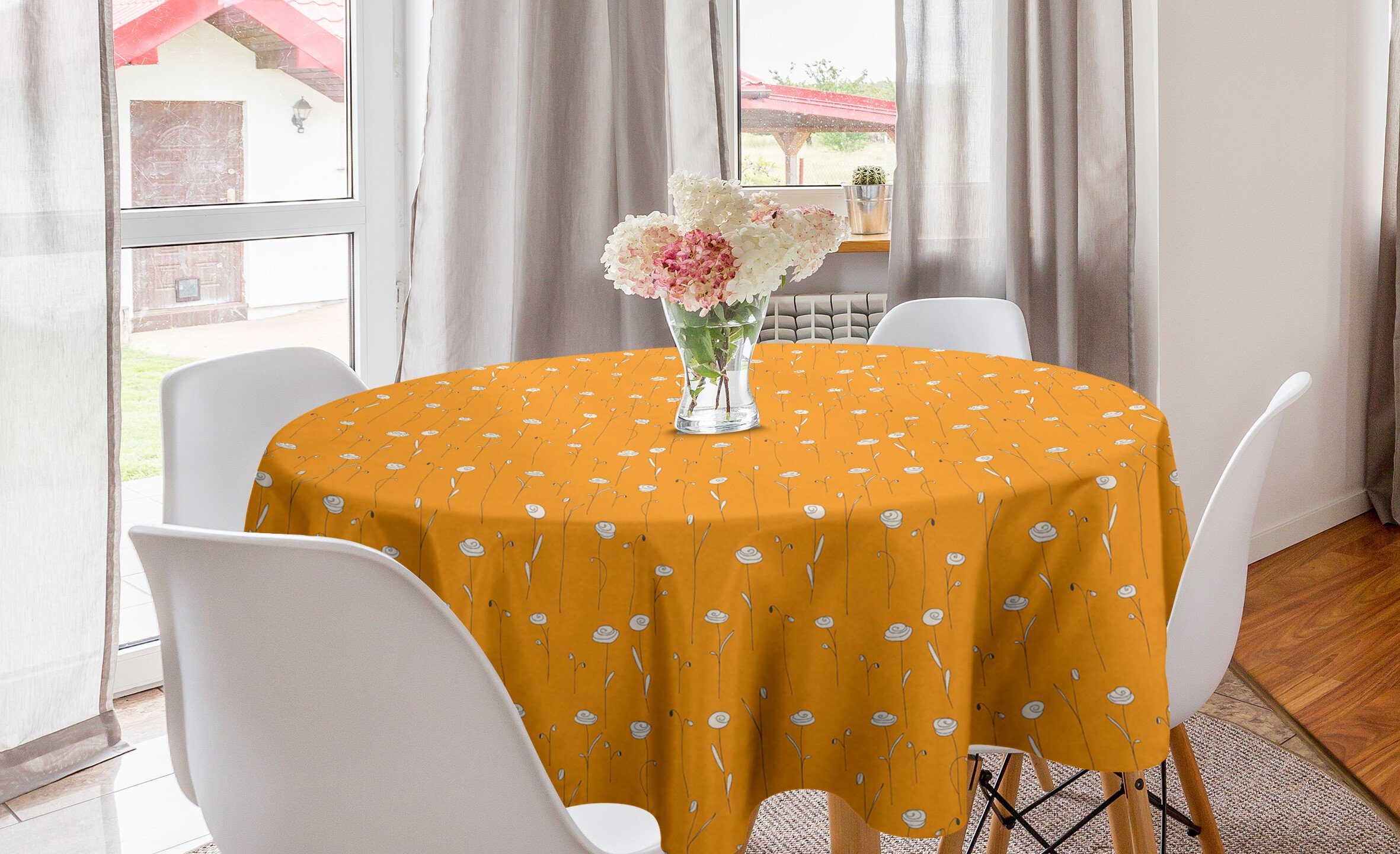 Abakuhaus Tischdecke Kreis Tischdecke Abdeckung für Esszimmer Küche Dekoration, Orange Abstrakte Gekritzel-Blumen