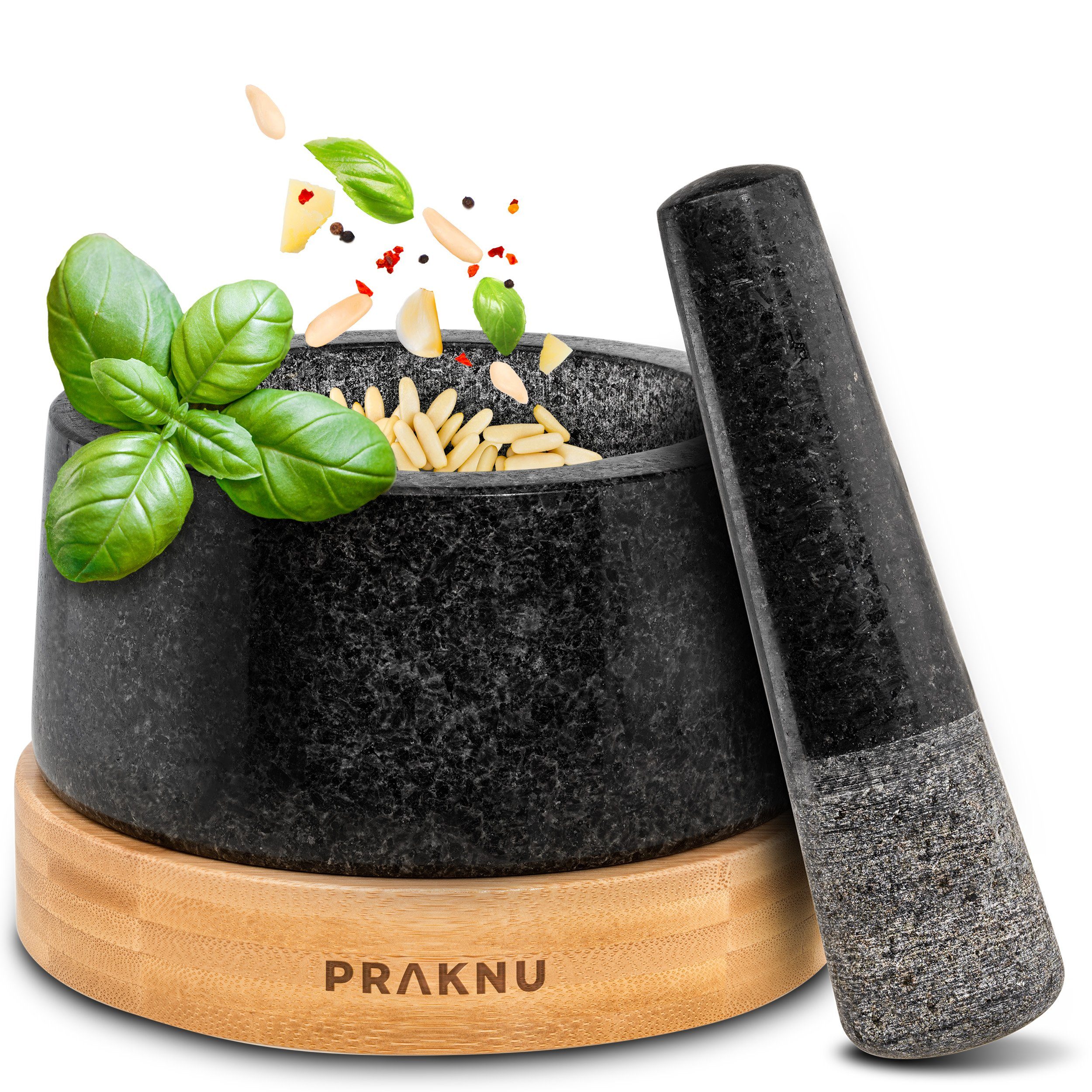 Praknu Миномет Миномет und Stößel aus Granit - Groß, Für ein feines Mahlergebnis - Untersetzer aus nachhaltigem FSC Holz