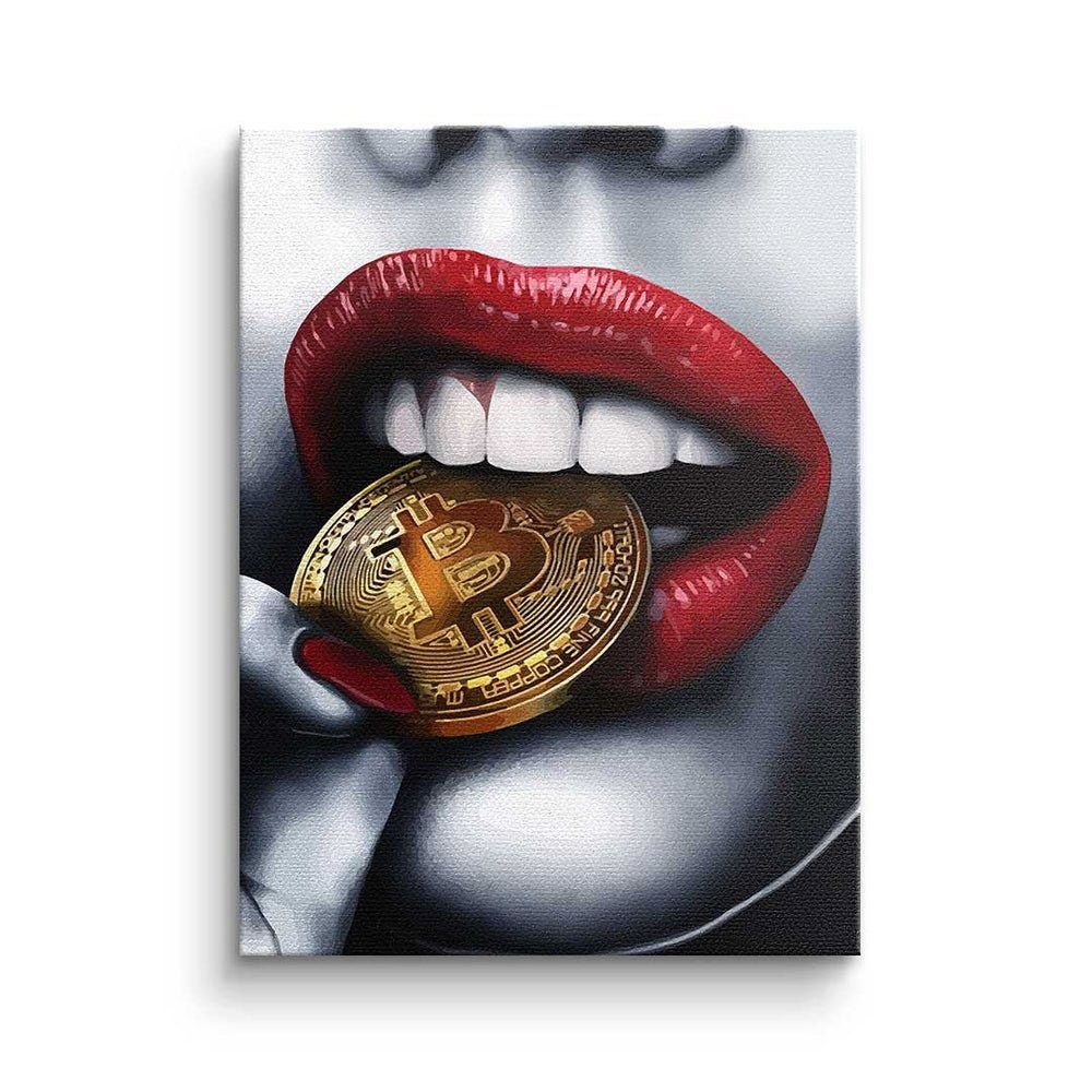 Münze ohne Girl, Leinwandbild Bitcoin mit Crypto Lippen rote DOTCOMCANVAS® Erotik elegant girl Leinwandbild Bitcoin Rahmen