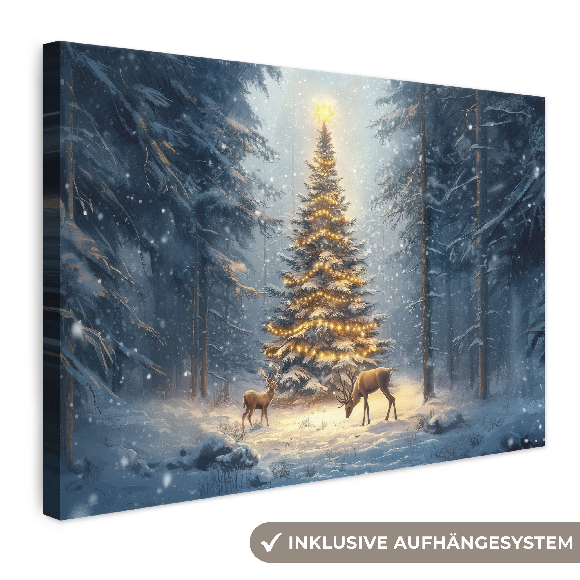 OneMillionCanvasses® Leinwandbild Weihnachtsbeleuchtung - Wald - Hirsche - Dunkelheit, Fotodruck (1 St), Leinwand Bilder Klein, Wand Dekoration Aesthetic 30x20 cm