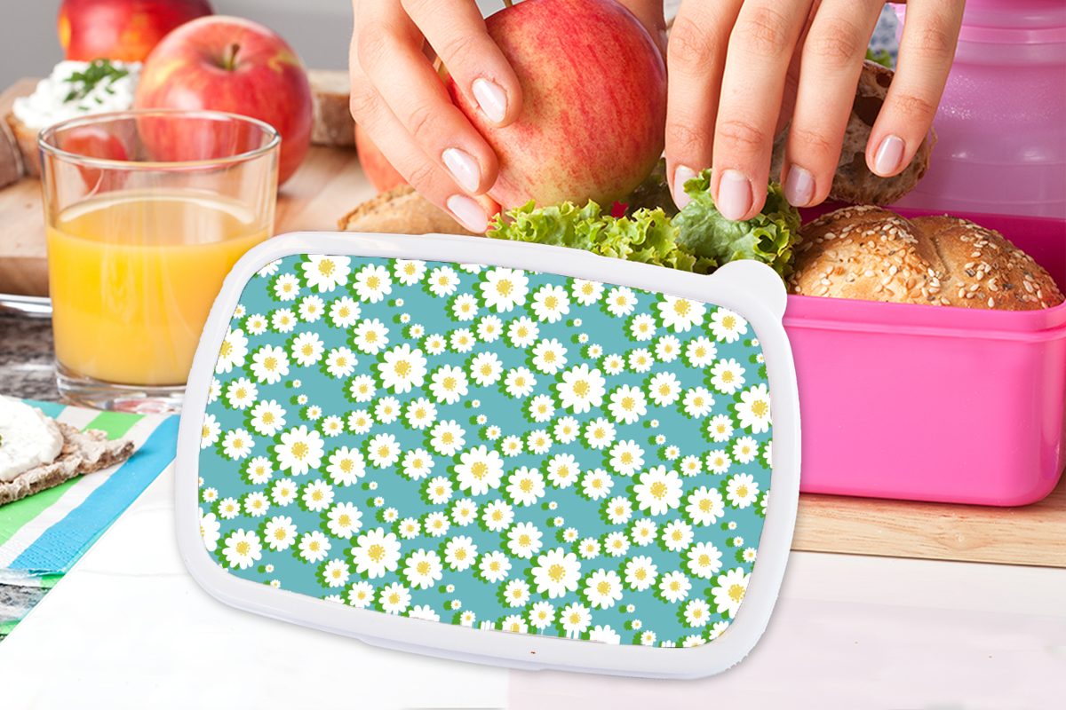 Brotdose Kunststoff, Kinder, für Kunststoff MuchoWow Brotbox - (2-tlg), Mädchen, Erwachsene, Gänseblümchen, Blumen Snackbox, - Lunchbox Muster rosa