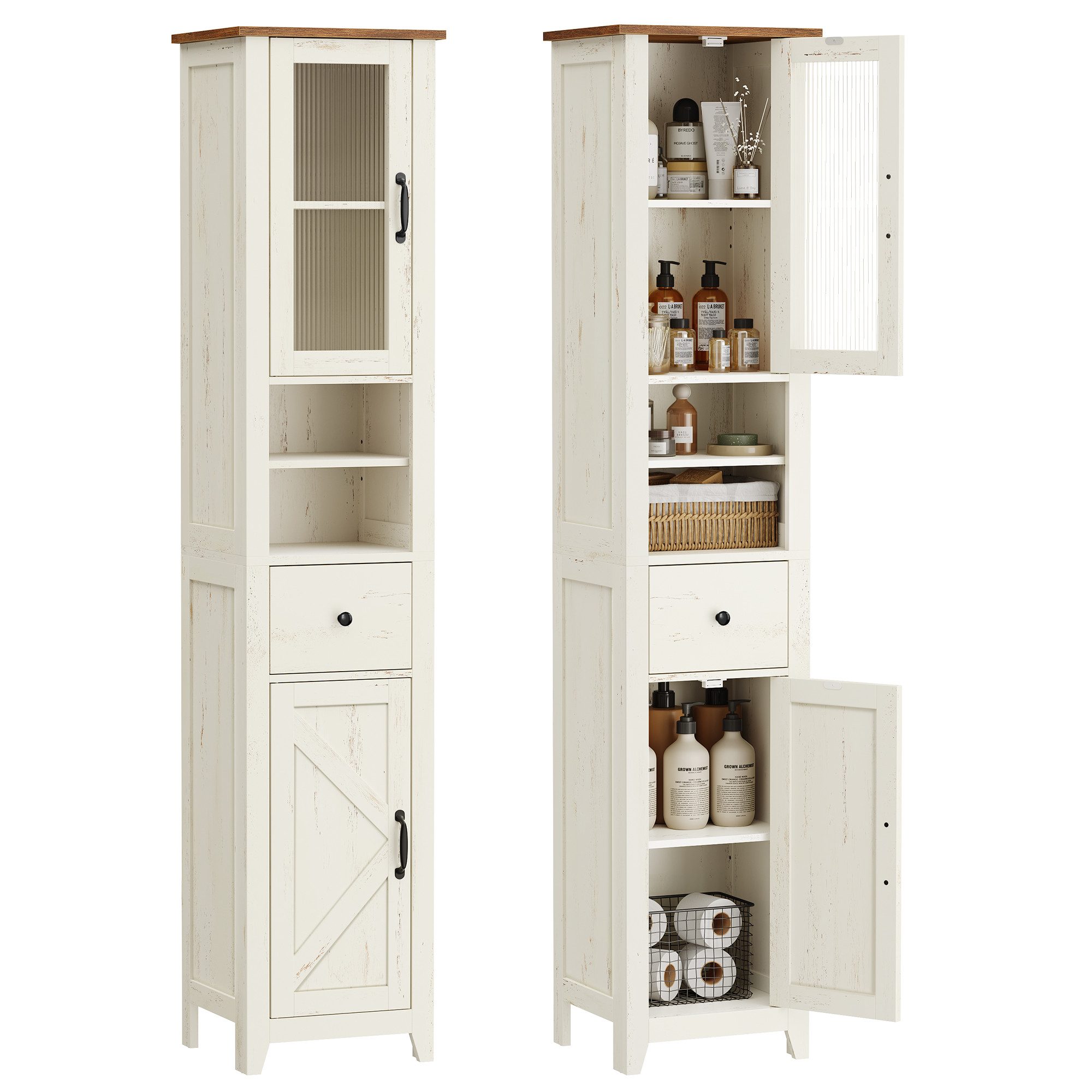 VASAGLE Badkommode Badezimmerschrank im Landhausstil, Badschrank schmal, Badmöbel, offene Fächer, 1 Schublade, mit Türen