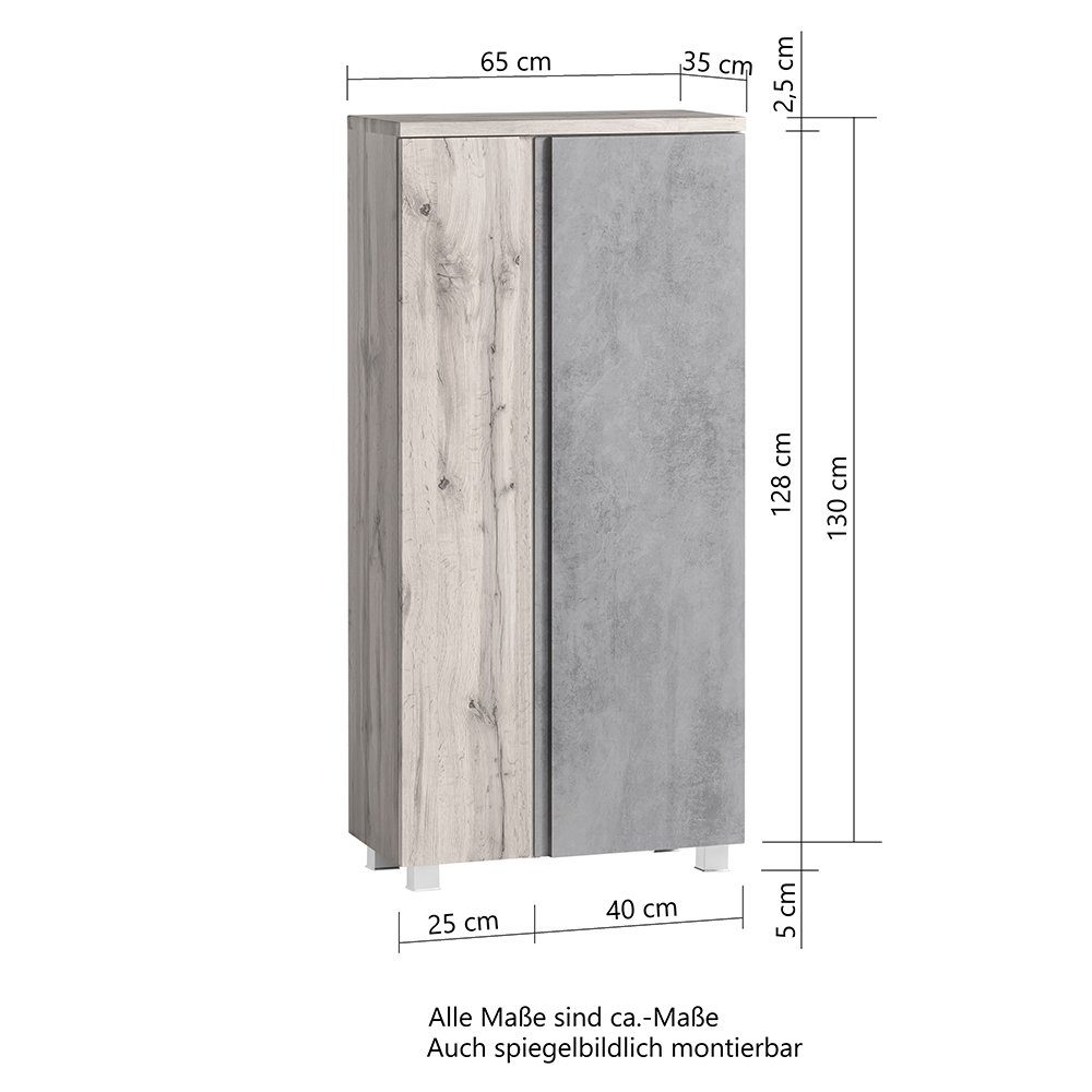 Lomadox Midischrank VASTO-03-GREY Midischrank 65cm Wotan Eiche Nb. mit grau matt, B/H/T 40/130/35 cm