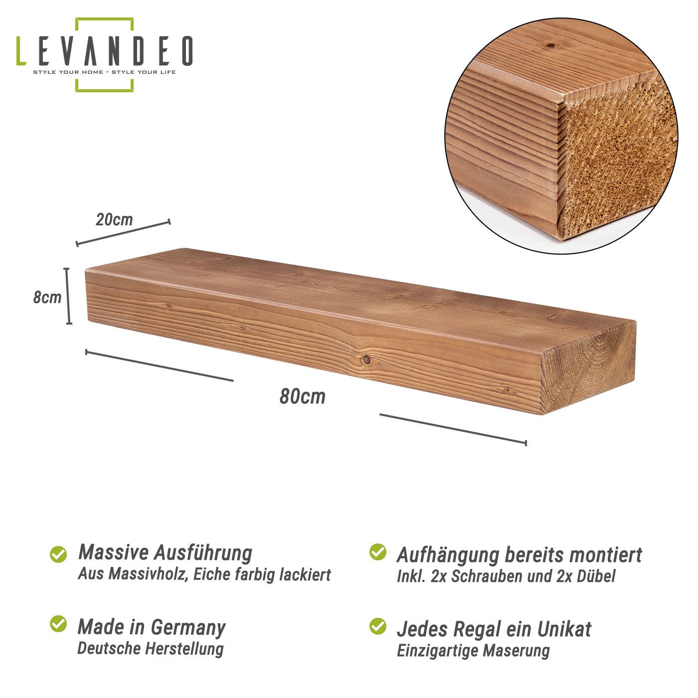 Levandeo® Wandregal, levandeo Wandregal Holz Massiv 80x20cm Eiche Farbig Wa günstig online kaufen