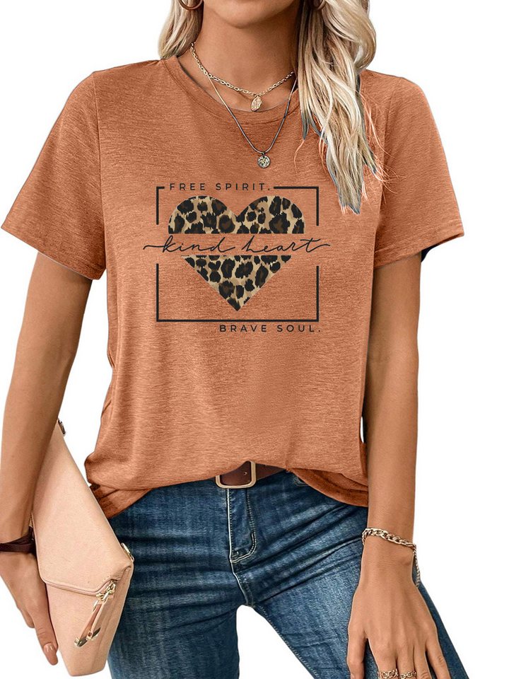 PYLIKE Kurzarmbluse Damen Sommer Casual bequemes t shirt mit Leopardenmuster Print-Shirt