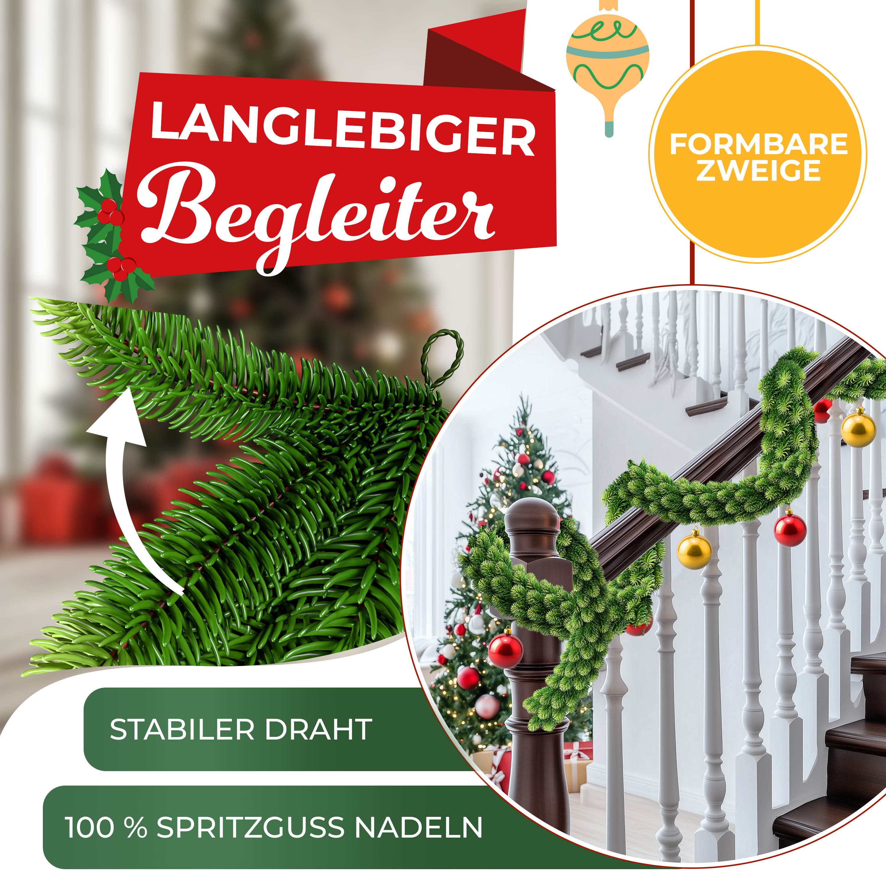 Kunstgirlande Weihnachtsgirlande 2,7m naturgetreue Girlande Weihnachtsdeko, KESSER, Tannengirlande für Treppen, Tür, Balkon inklusive Aufbewahrungstasche – Bild 4 von 5