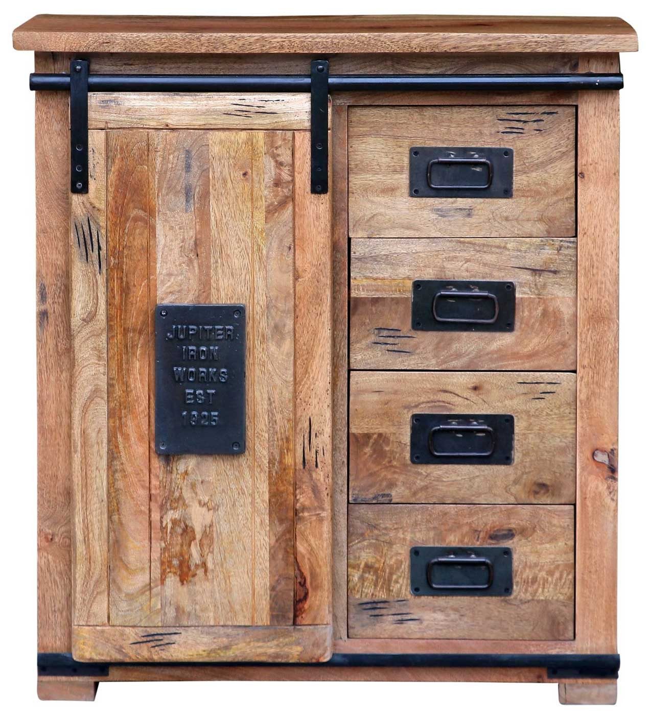 MR.DEKO Kommode Florenz 90x45x100 cm massives Mangoholz, braun, viel Stauraum (Kommode 90 cm breit, passende Möbel erhältlich), Kommodenschrank mit 4 Schubladen, 1 Schiebetür,Wohnzimmer / Flur