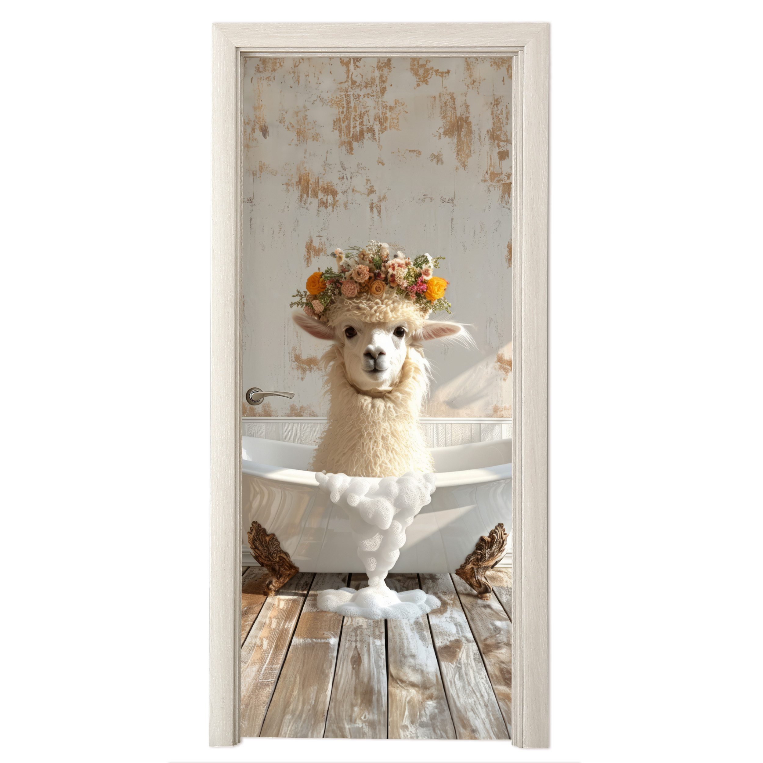 MuchoWow Türtapete Vintage - Alpaka - Badewanne - Blumen - Tiere, Matt, bed günstig online kaufen