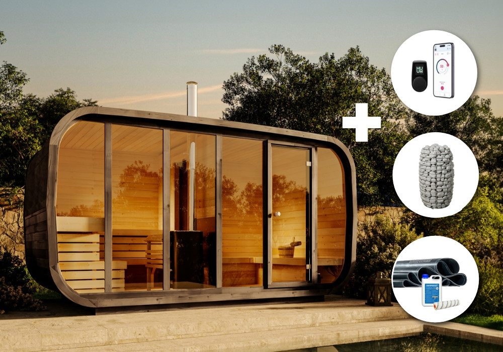 FinnTherm Fasssauna Comfort Set ScandiCube Space, BxTxH: 420 x 230 x 230 cm, 42 mm, (Set) in Naturbelassen Inkl. Fußboden