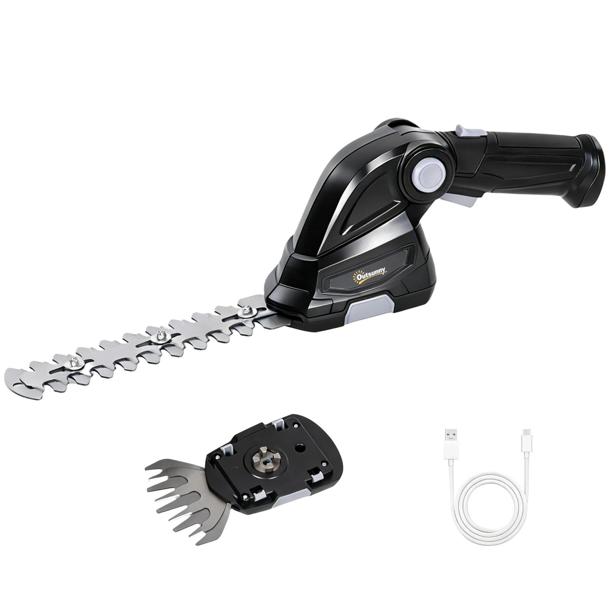 Outsunny Elektro-Heckenschere 2-in-1 Akku Heckenschere 2 x 7,2V Akku, 2 Austauschbaren Klingen, (2-in-1 Akku Heckenschere, 7 St., Elektrischer Hecken & Strauchschere), für Äste, Sträucher, Zweige, Schwarz