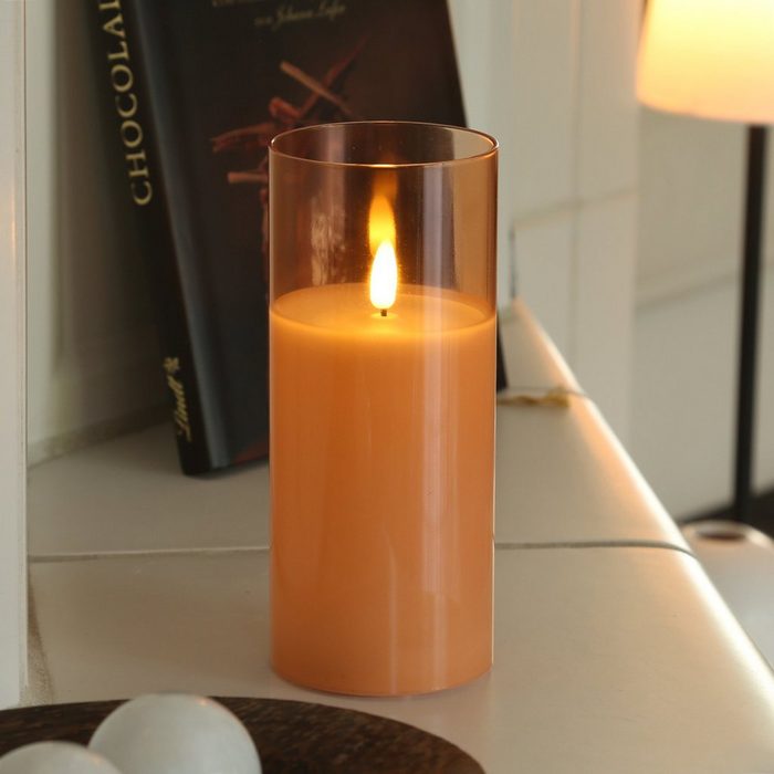 MARELIDA LED-Kerze LED Kerze Windlicht im Glas Echtwachs flackernd Timer H: 17 5cm rund orange