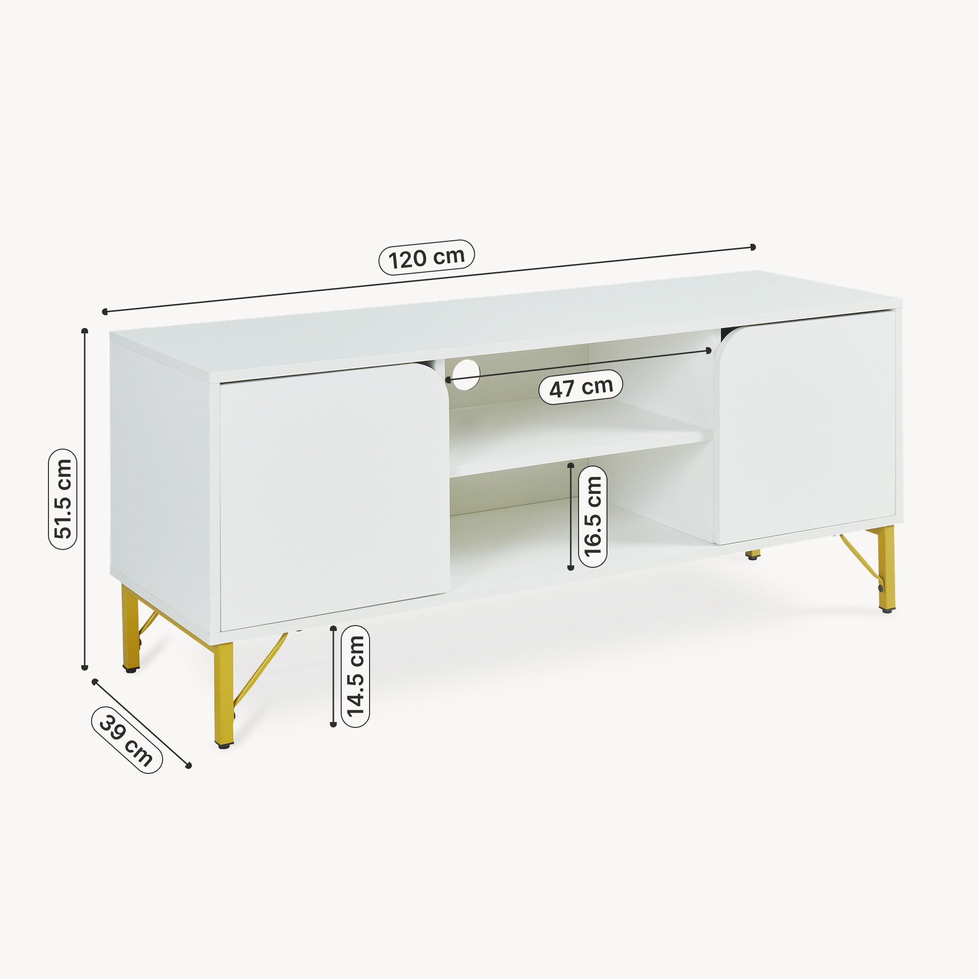 en.casa TV-Schrank »Reyri« mit 2 Türen 120x39x52 cm Metallgestell Weiß/Goldfarben