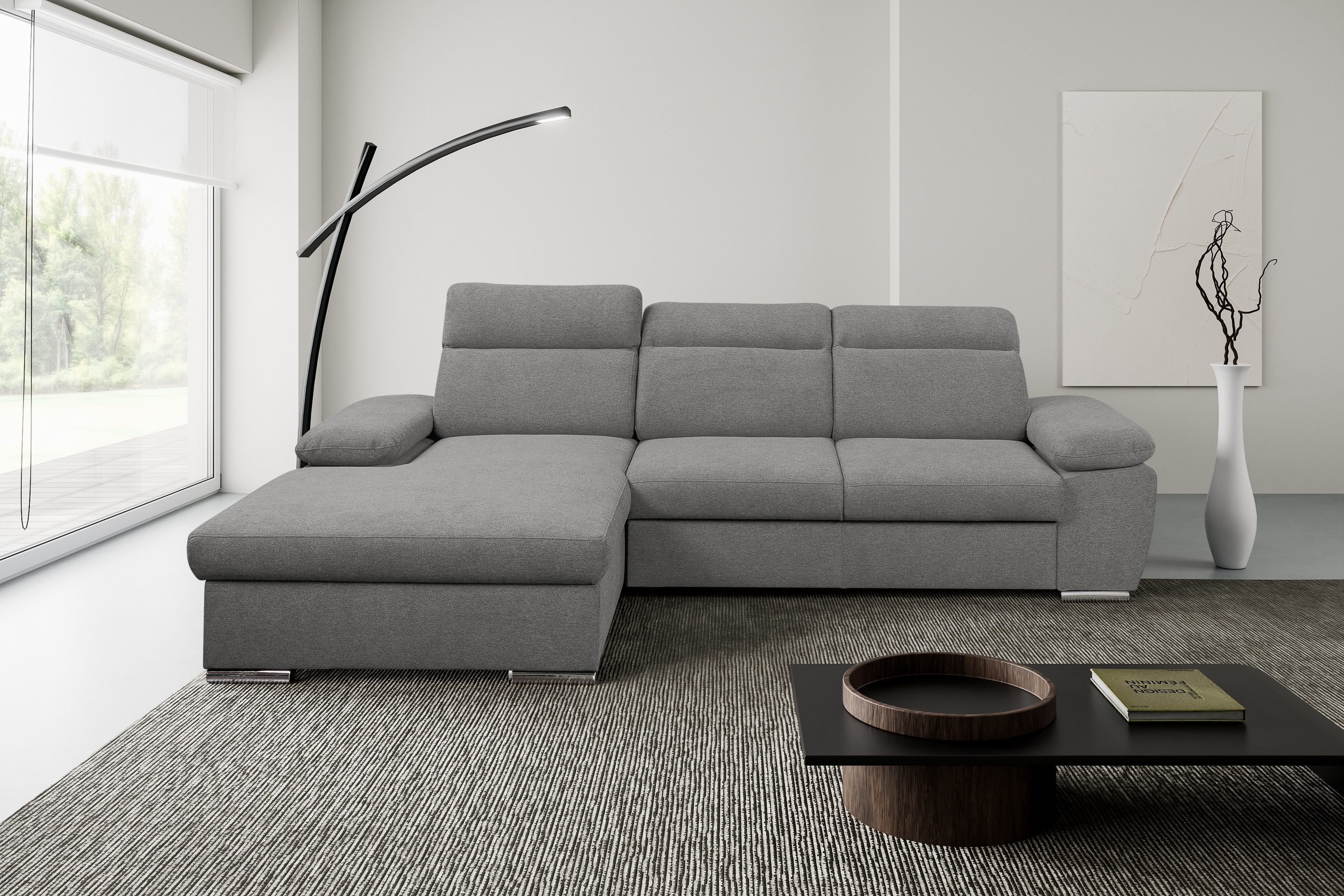WERK2 Ecksofa Palma 282 x 185 cm, Bett und Bettkasten, Kopfteilverstellung, bequem, Strukturstoff, L-Form, XXL, Schlaffunktion, Bettkasten