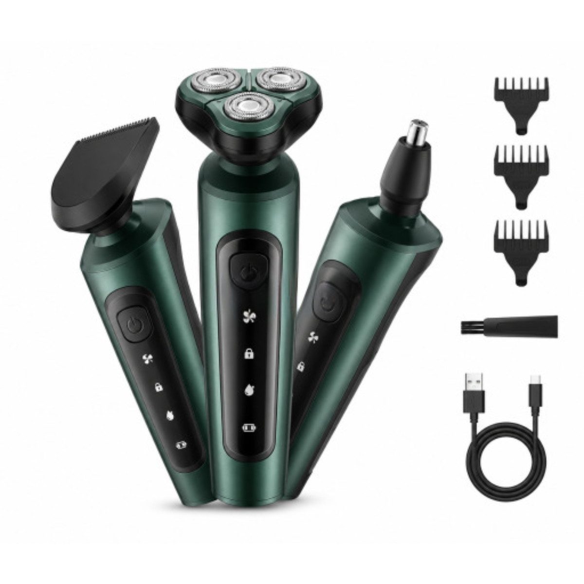 R2 Invest Elektrorasierer 3in1 mit Trimmer – USB Rasierer für Bart, Nase & Ohren, Aufsätze: 3, Barttrimmer, Multifunktions-Pflegeset, Bart-, Nasen- und Ohrenhaartrimmer