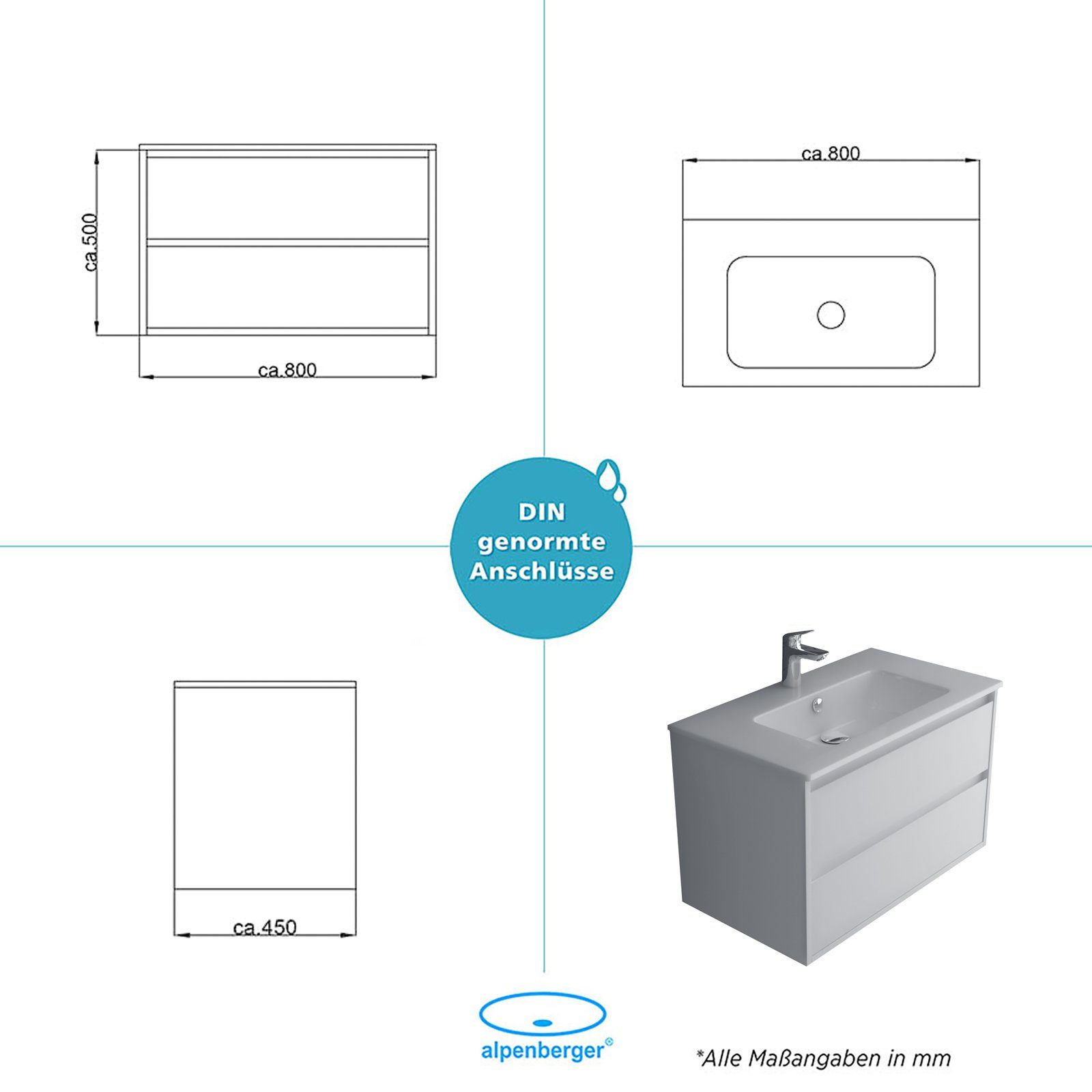 Alpenberger Badezimmer-Set Gäste Waschbecken Bad 80 WC cm breit in mit Waschtischunterschrank - Vormontiert, Waschbecken Unterschrank), 2-St., (Komplett-Set Softclose Komplettset - Badezimmerhängeschrank mit Glänzend Weiß