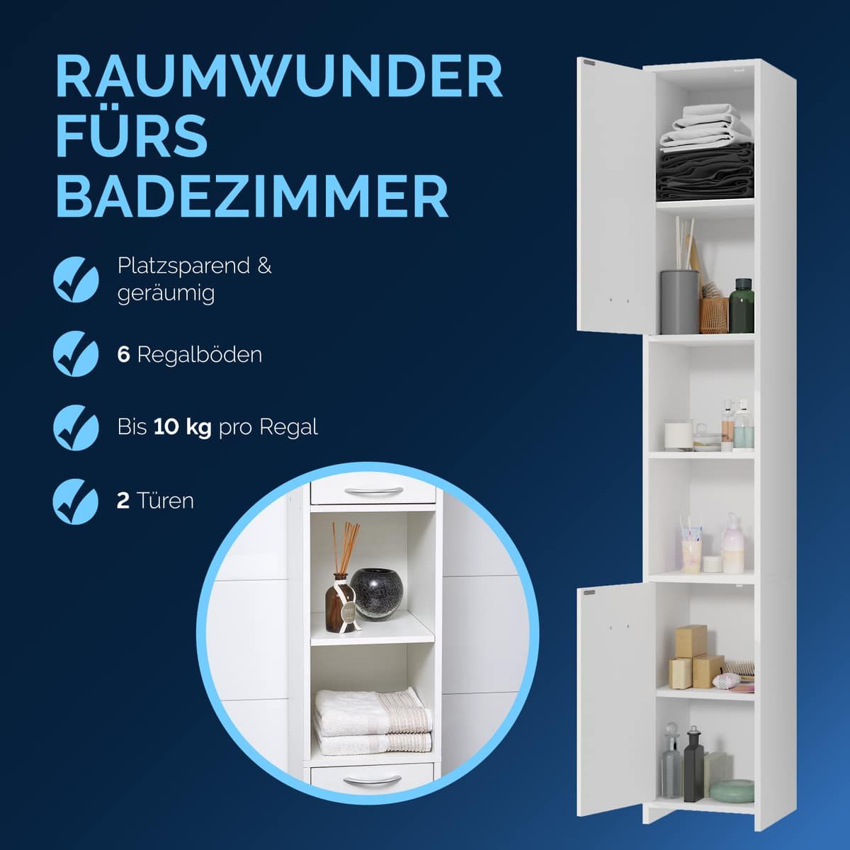 Casaria Hochschrank Neapel Badezimmerhochschrank 30 cm Breit mit 2 Türen Bad Schrank Schmal Weiß