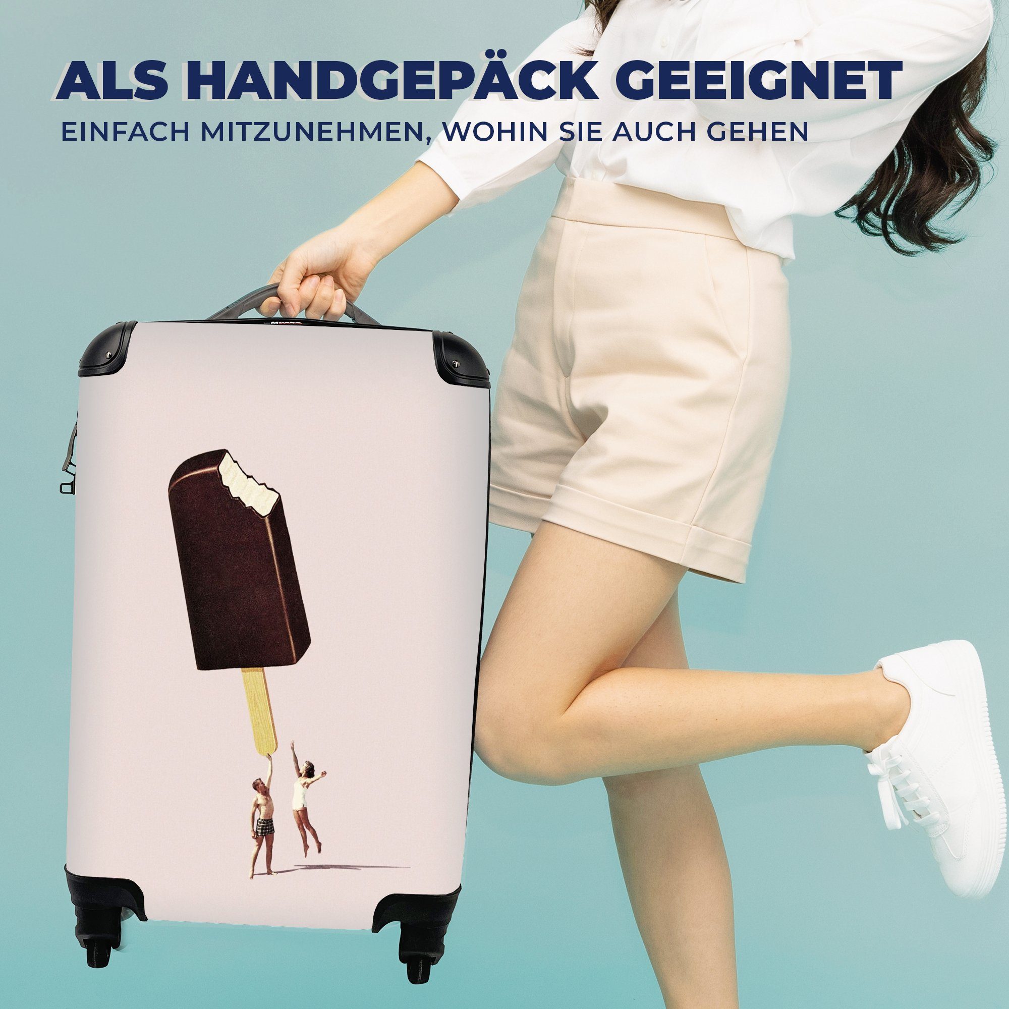 Rollen, für rollen, MuchoWow Trolley, Pastell Eiscreme mit - Vintage, Ferien, Handgepäck - 4 Reisekoffer Schokolade - Handgepäckkoffer Reisetasche