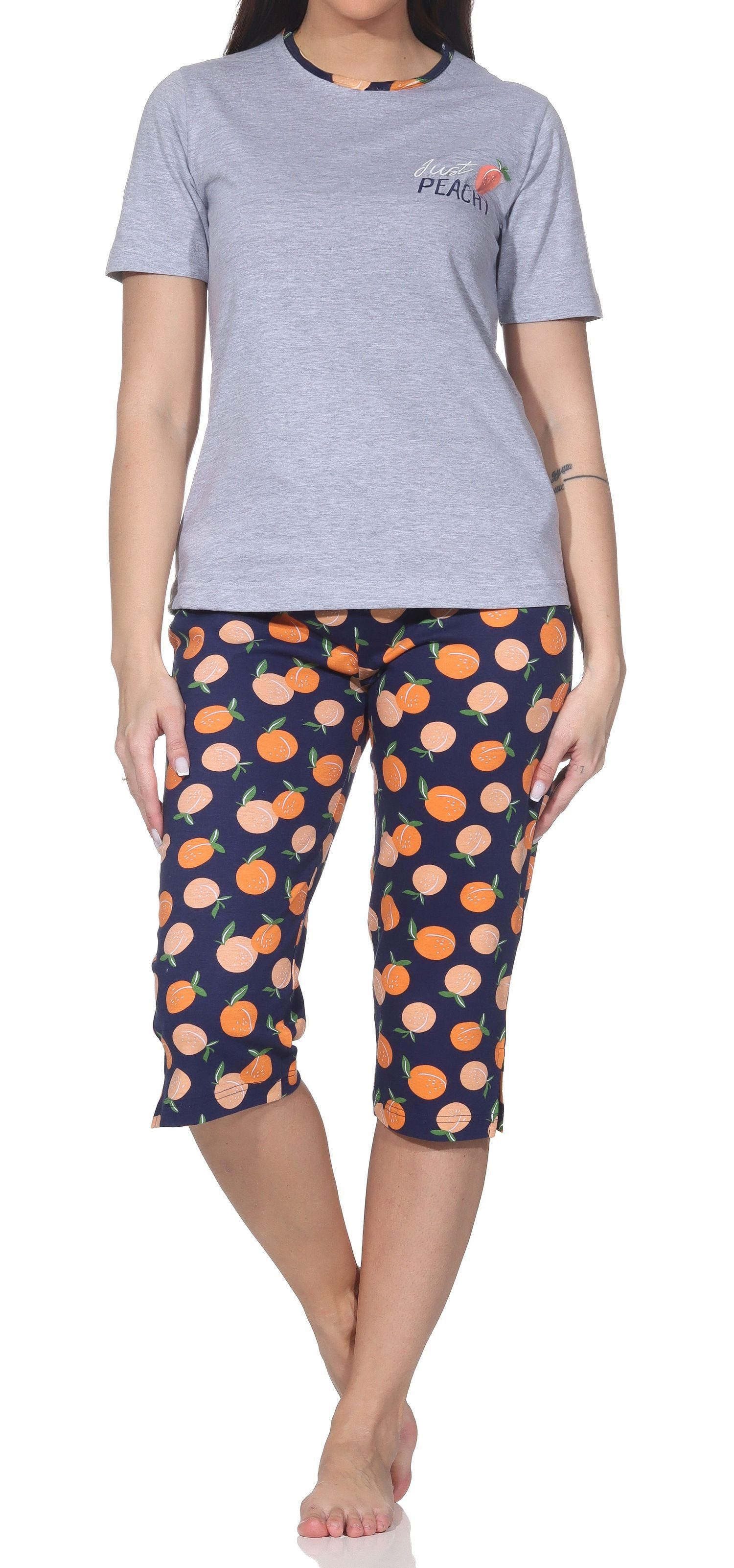 Normann Pyjama Normann Damen Capri-Pyjama kurzarm–„Peachy“ Design, auch in Übergröße