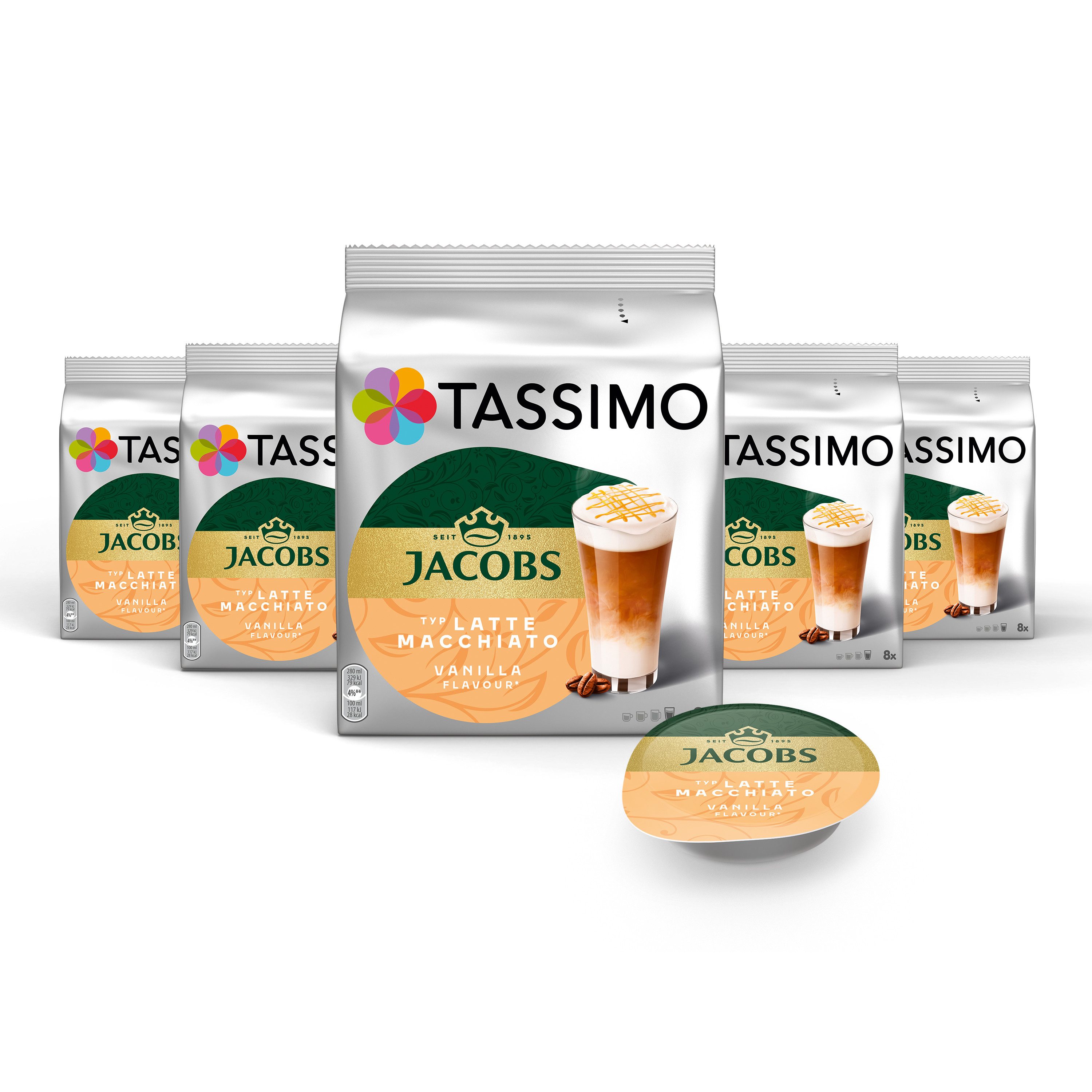 TASSIMO Kaffee Kapseln Jacobs Latte Macchiato Vanilla T Discs 40 Getränke, (Packung, 5er Pack)