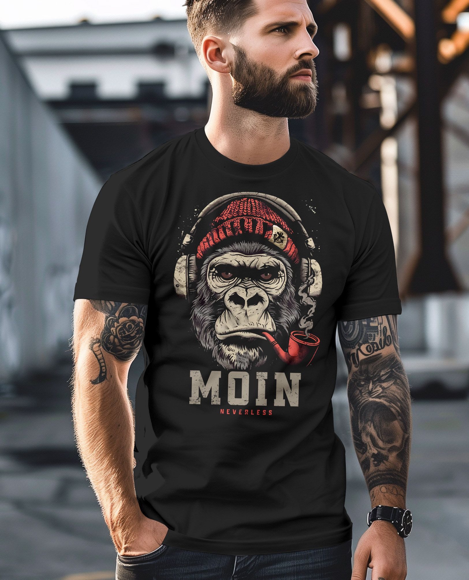 Neverless Print-Shirt Herren T-Shirt Moin Schriftzug Gorilla Möwe Musik Aufdruck Brustprint mit Print – Bild 4 von 5