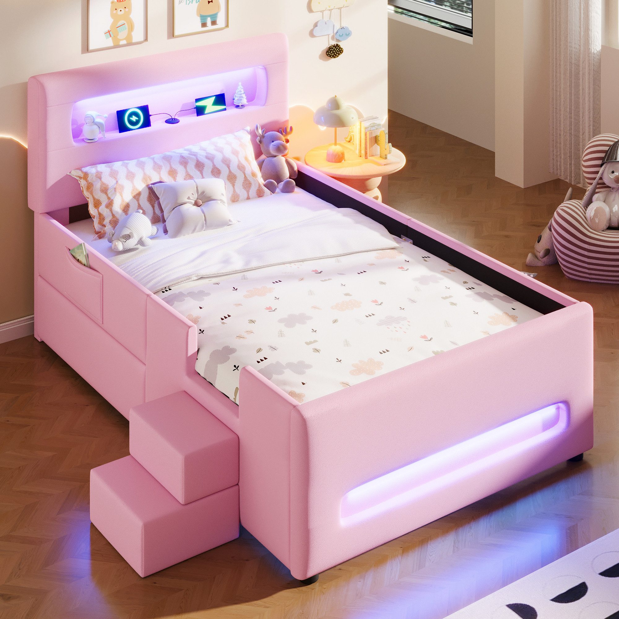MODFU Kinderbett Modernes Komfortbett (mit LED-Leisten & Schublade,Kunstleder, 1-tlg., 218 x 97 x 95), mit Treppe
